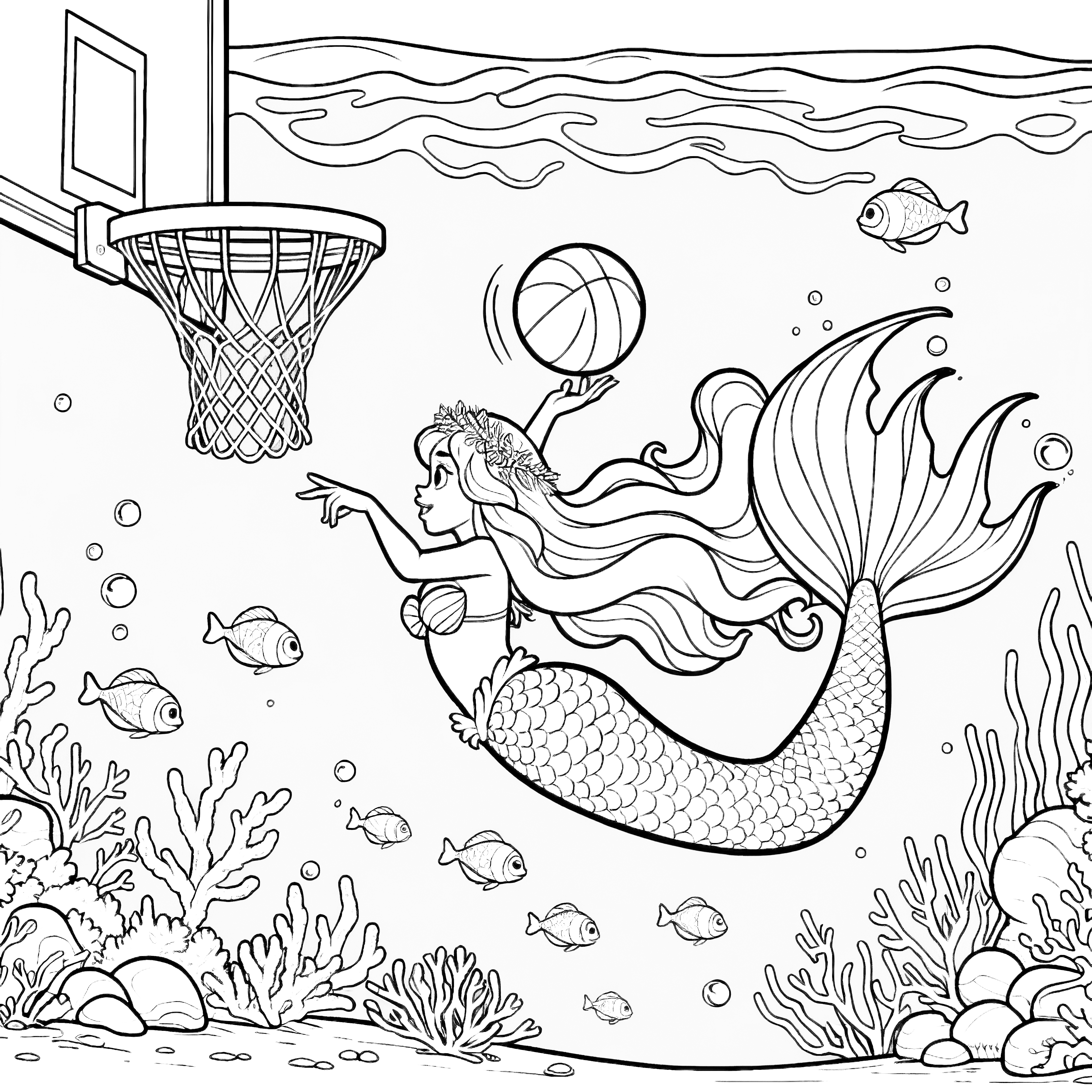 Mořská panna hraje basketbal: Obrázek k vybarvení (Zdarma)