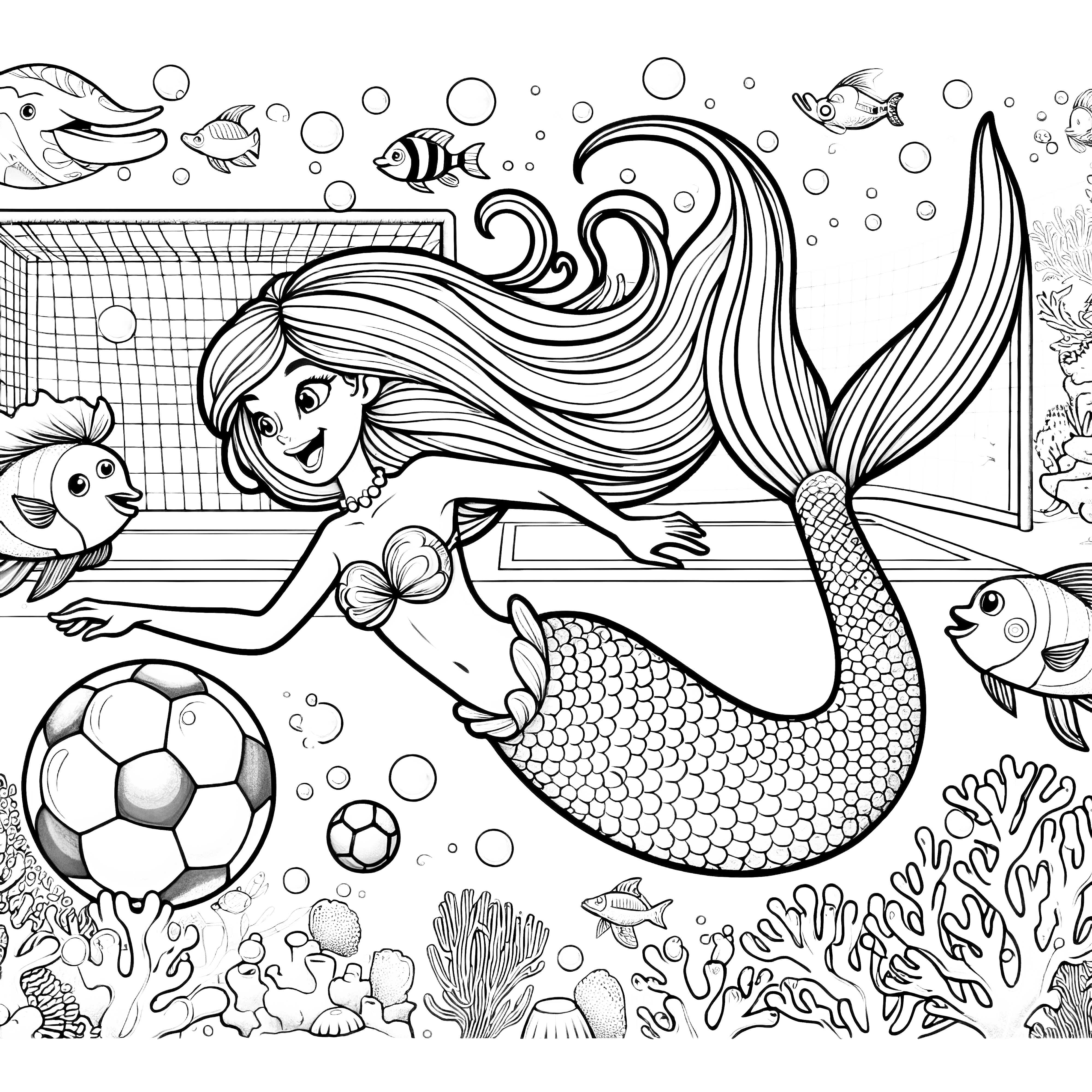 Mermaid plays soccer: Download coloring picture for free