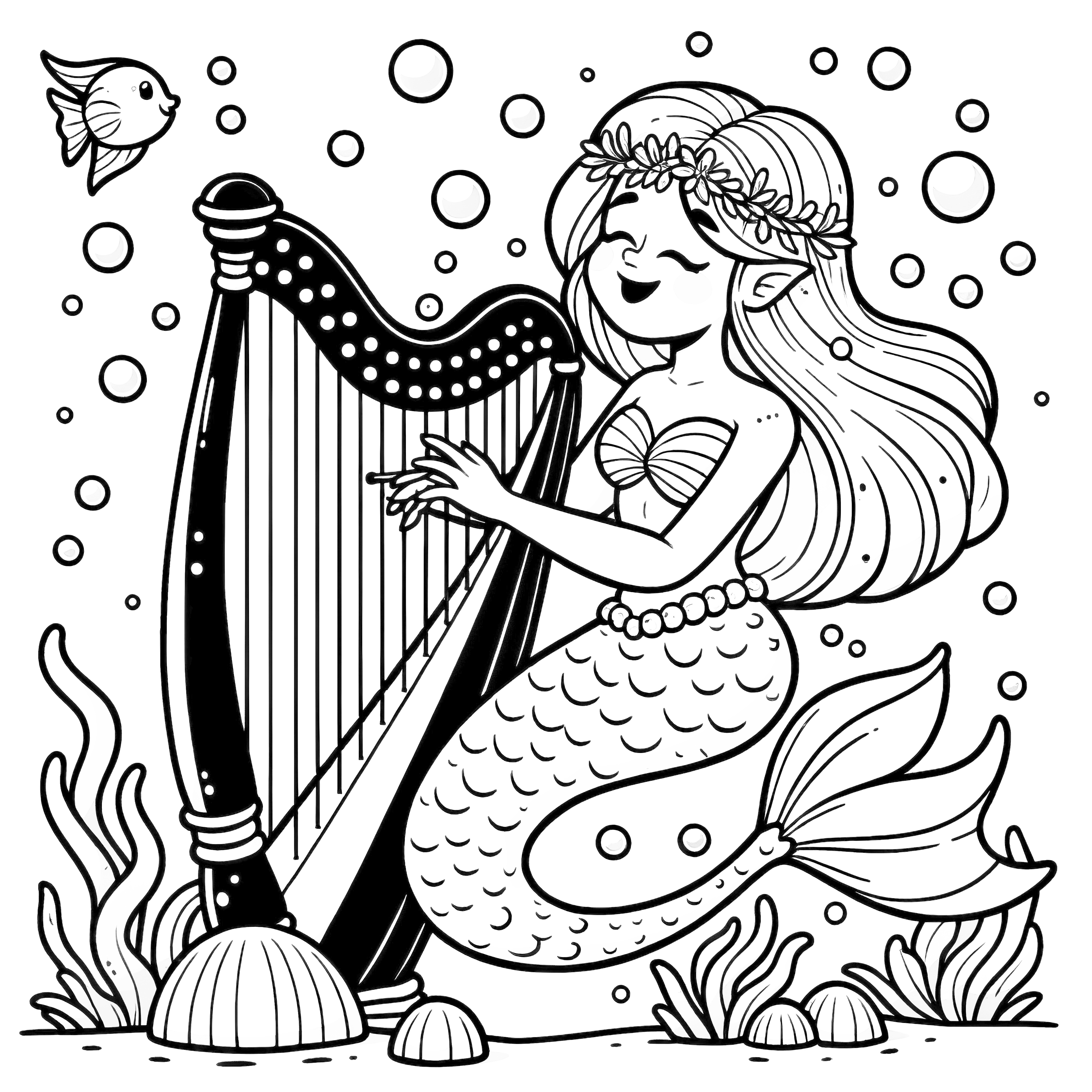 Mermaid playing harp: Coloring picture for download (Free)