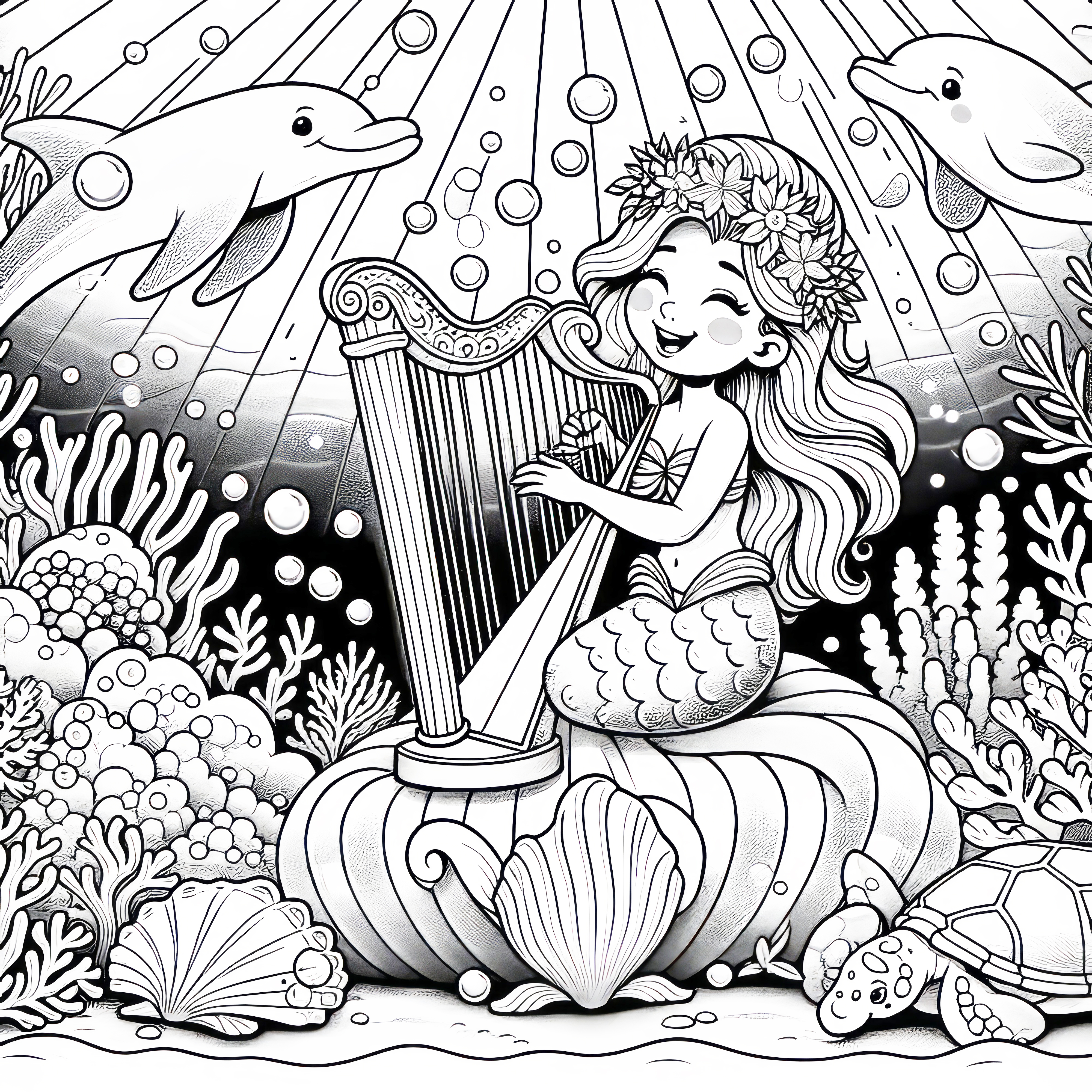 Mermaid playing harp with dolphins - coloring picture free
