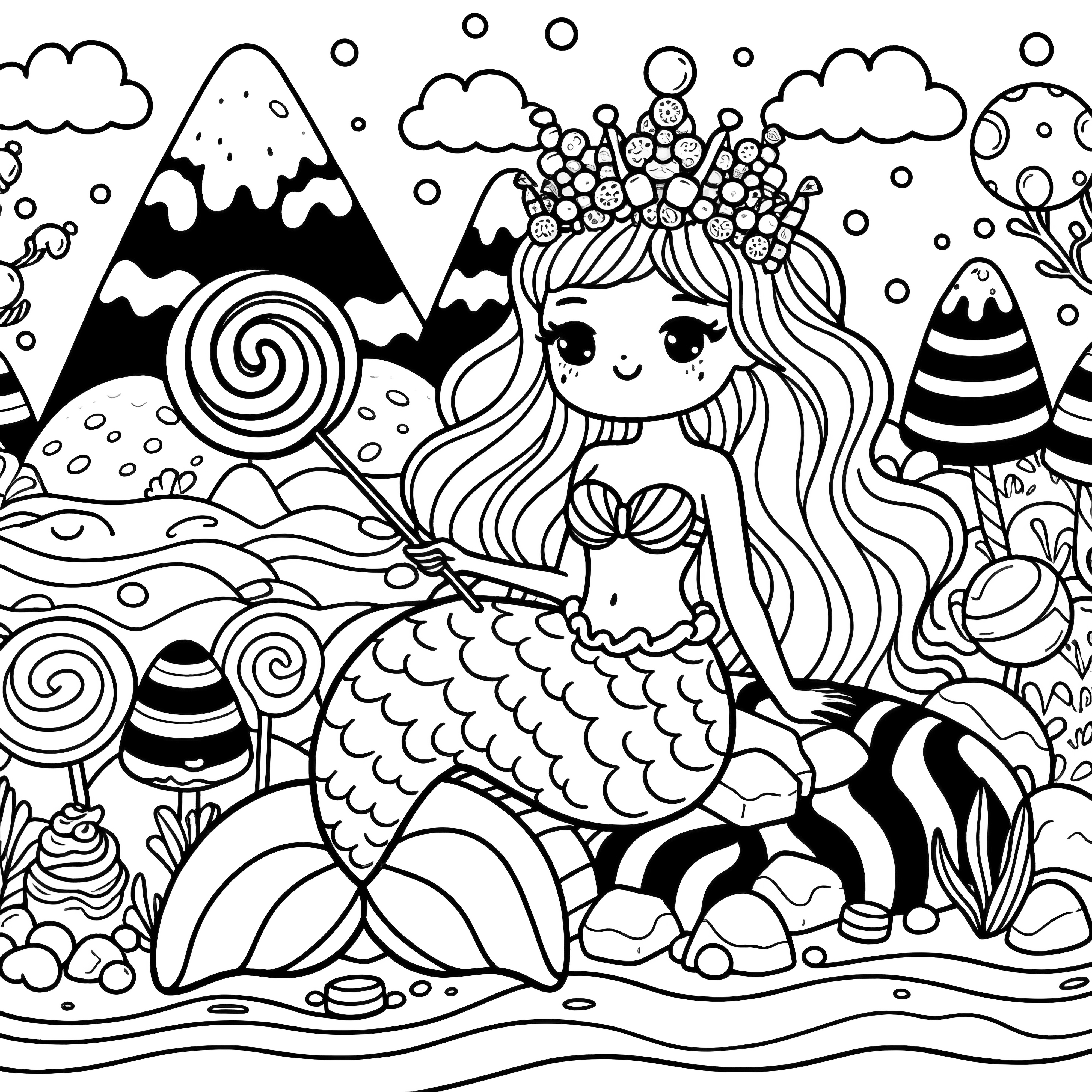 お菓子を持つ人魚: ダウンロード用無料ぬり絵