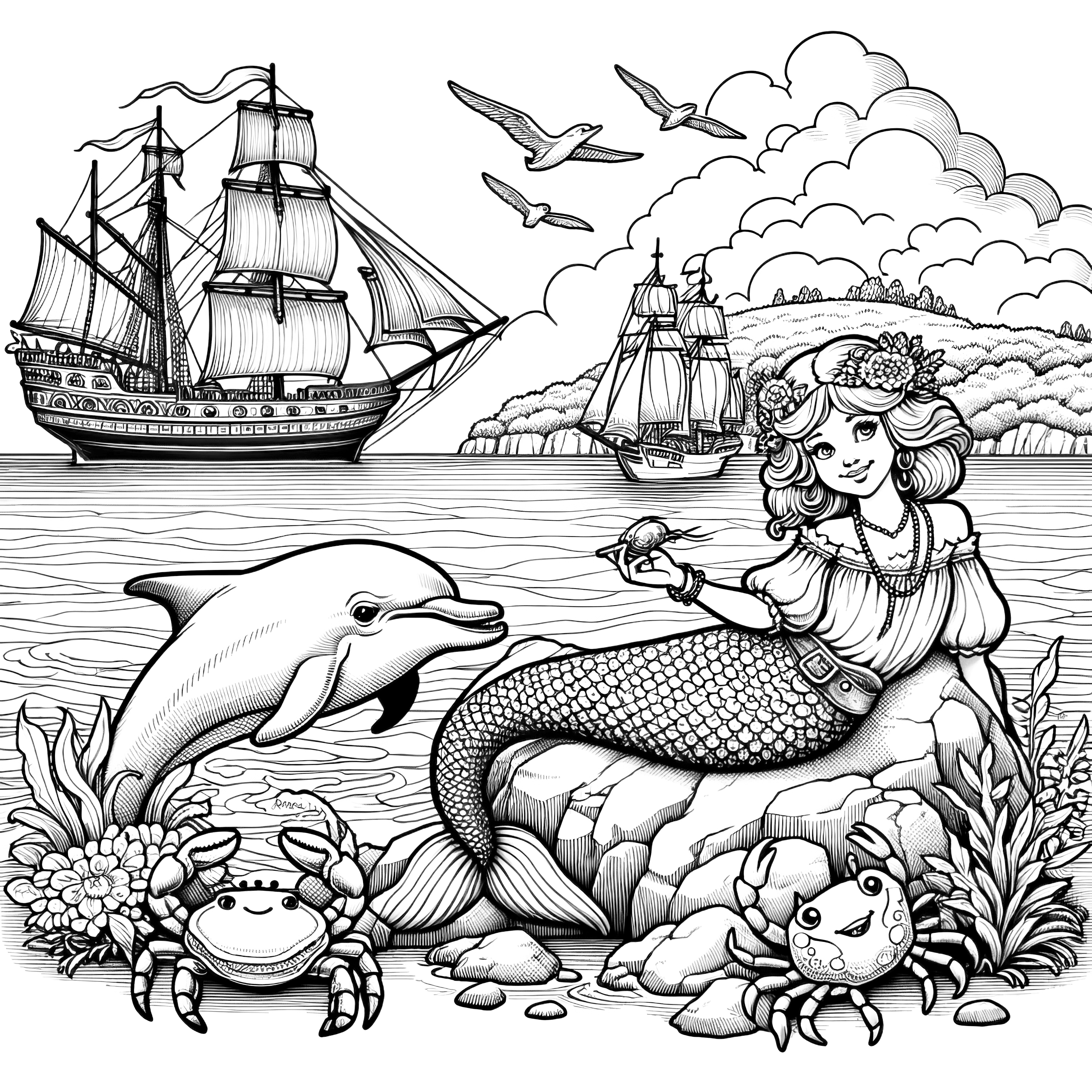 陸地に上陸した人魚と、背景にイルカと帆船: 大人用のぬり絵（無料）