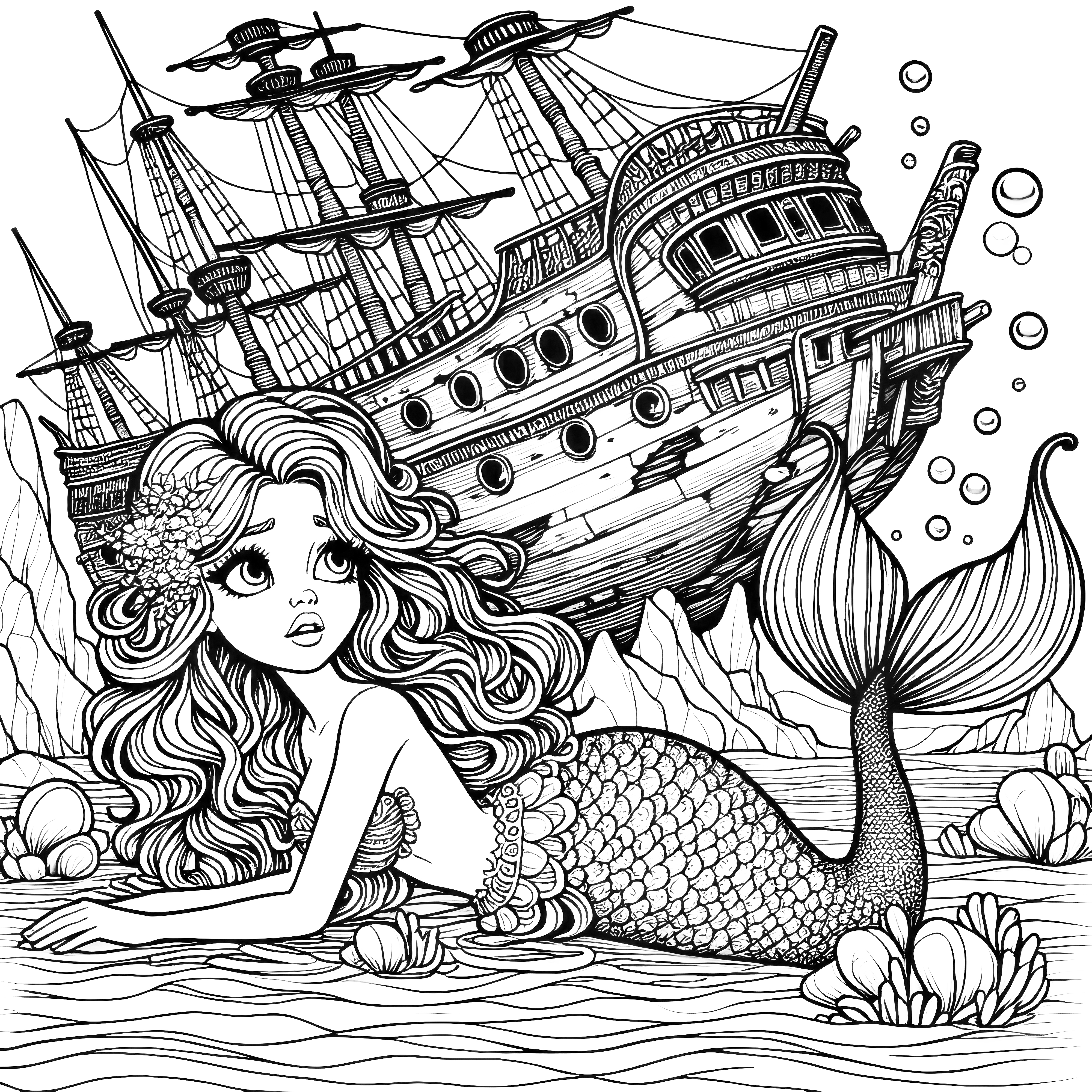 人魚と海底の船の残骸：ぬり絵を無料でダウンロード