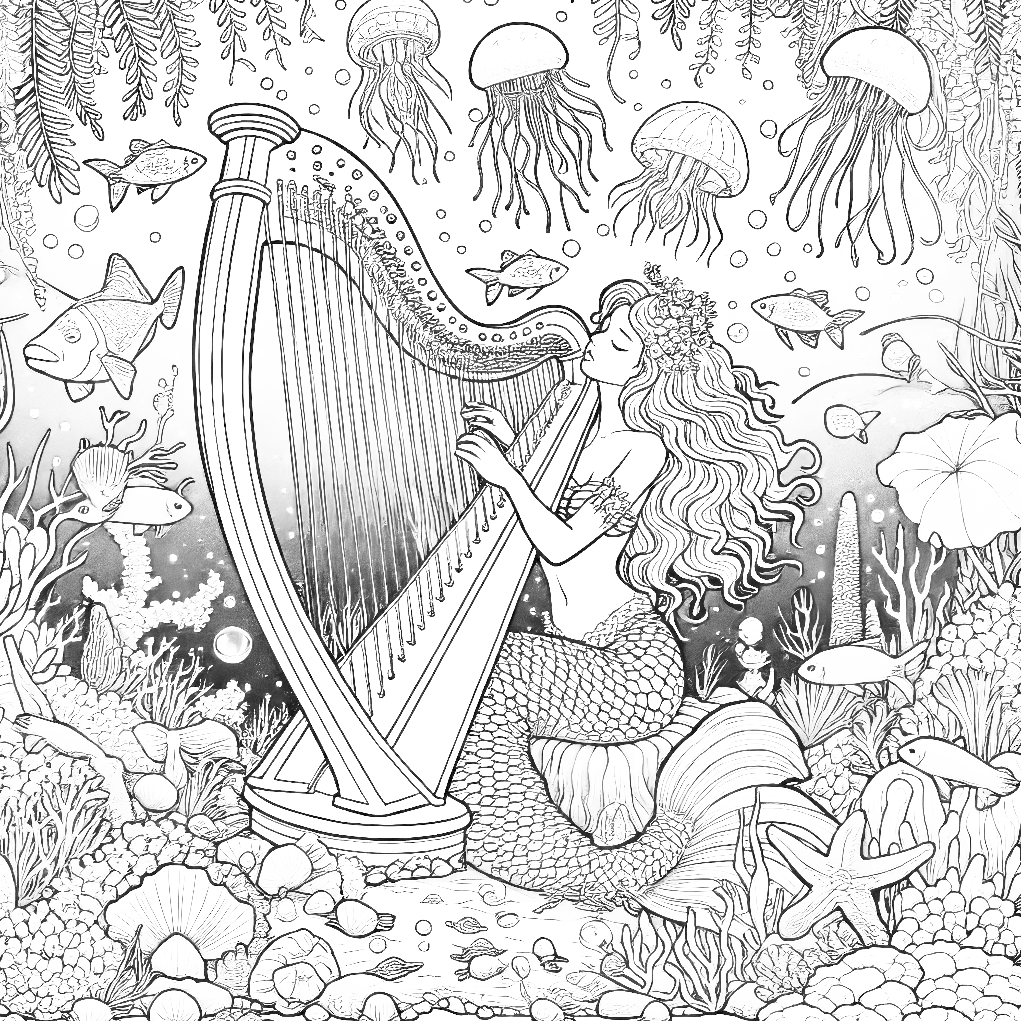 A mermaid plays a large harp: Coloring page for adults (Free)