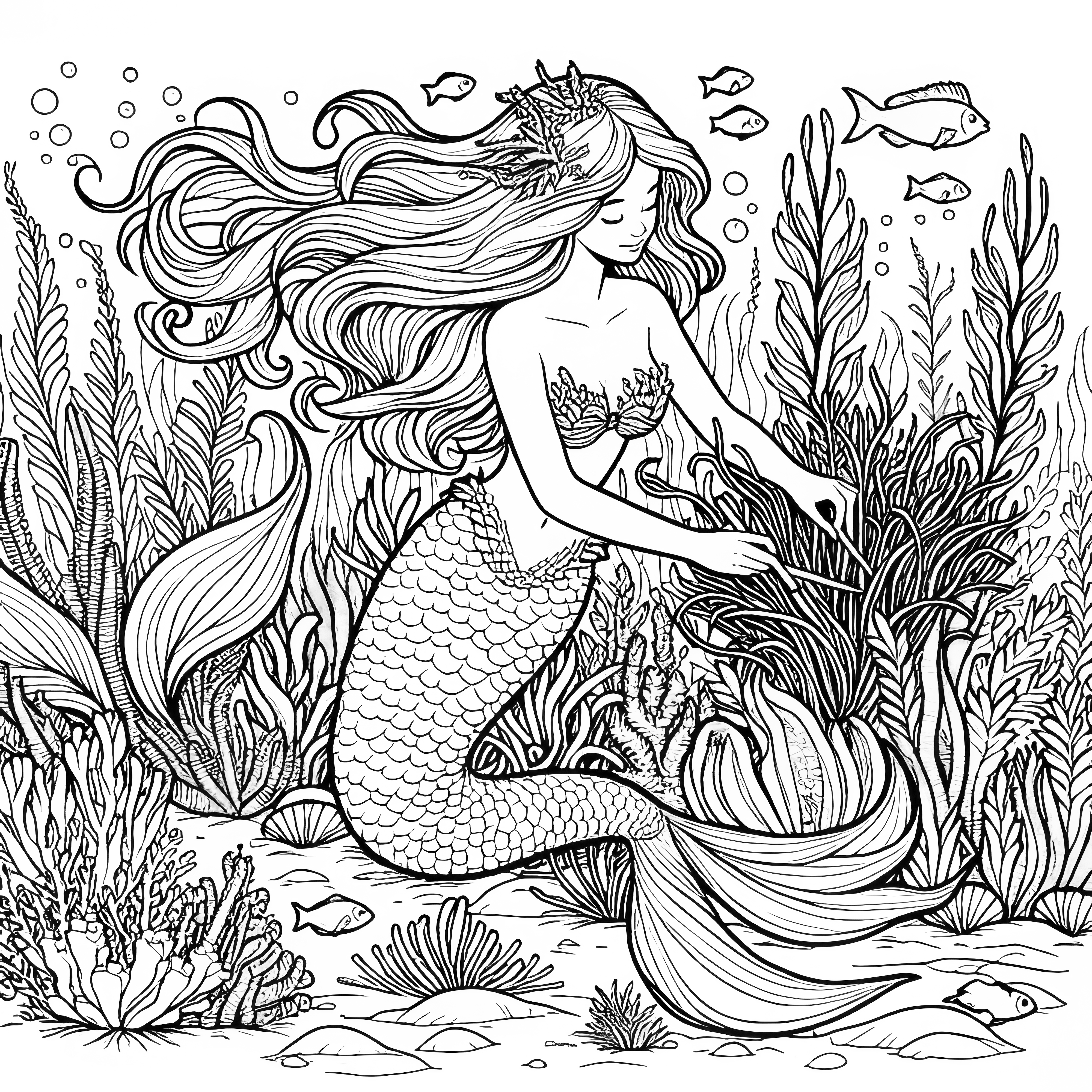 海の中の植物の間にいる人魚：大人の塗り絵（無料）