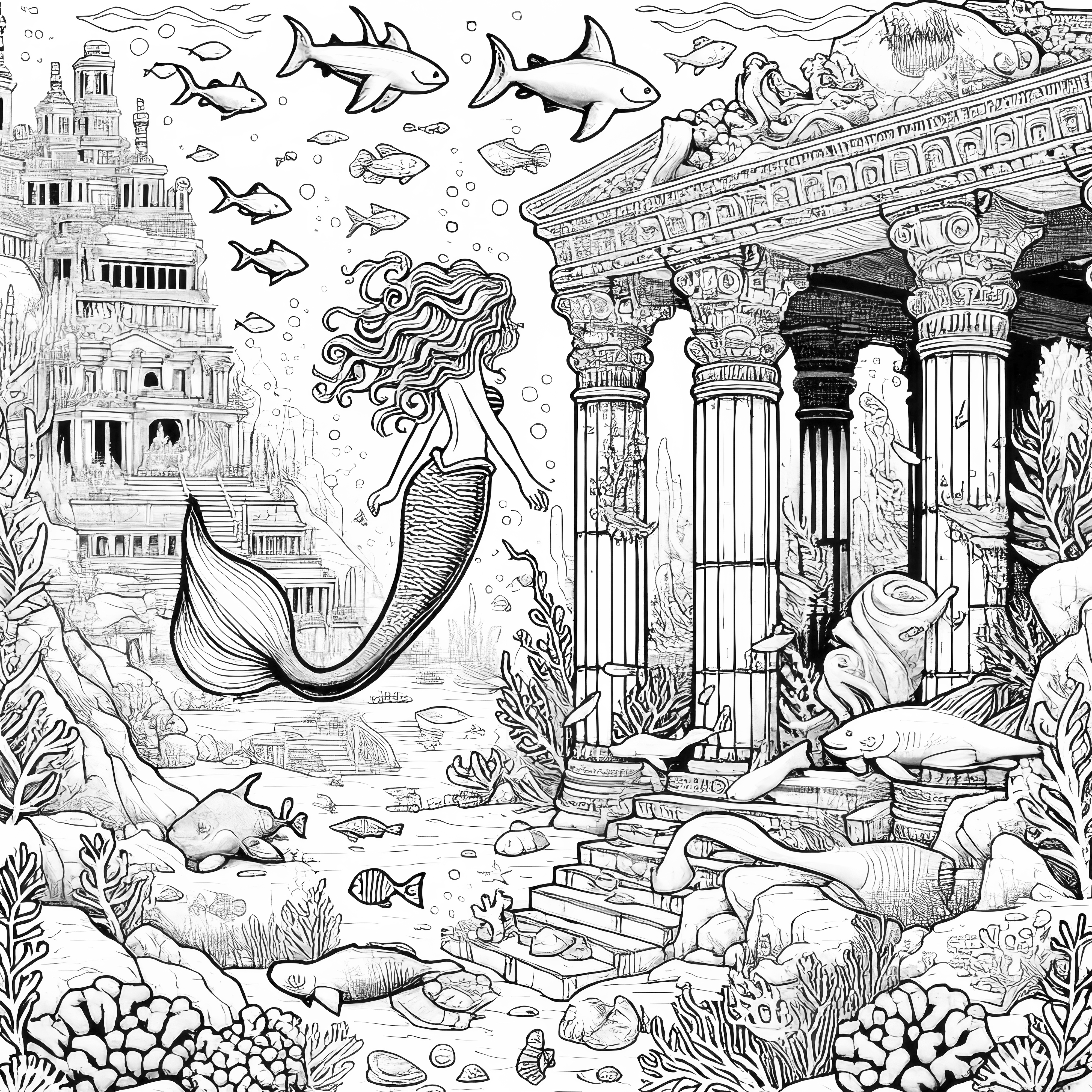 海の中の人魚：無料ダウンロード可能な塗り絵