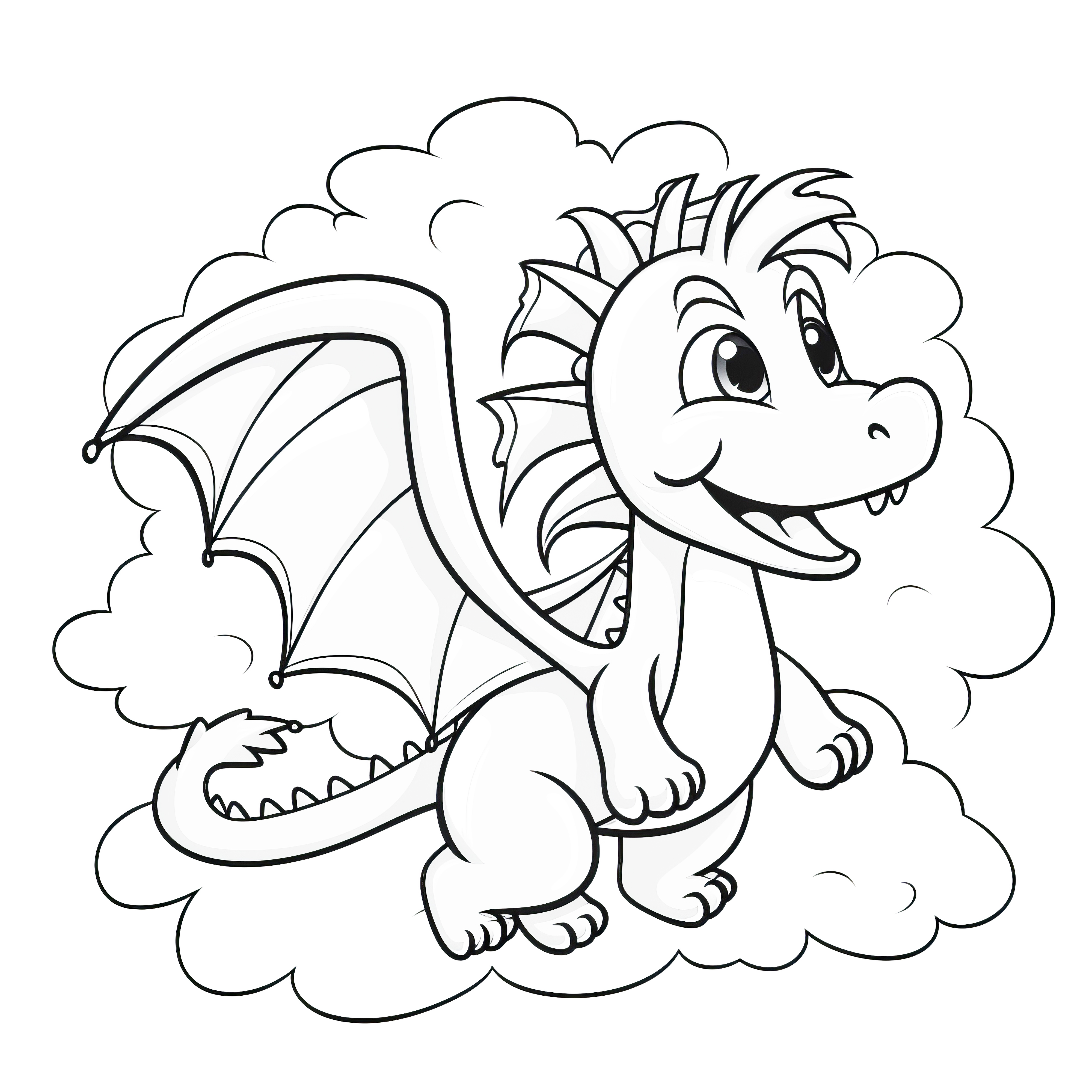 ドラゴンがふわふわの雲を飛ぶ： 無料でダウンロードできるぬり絵