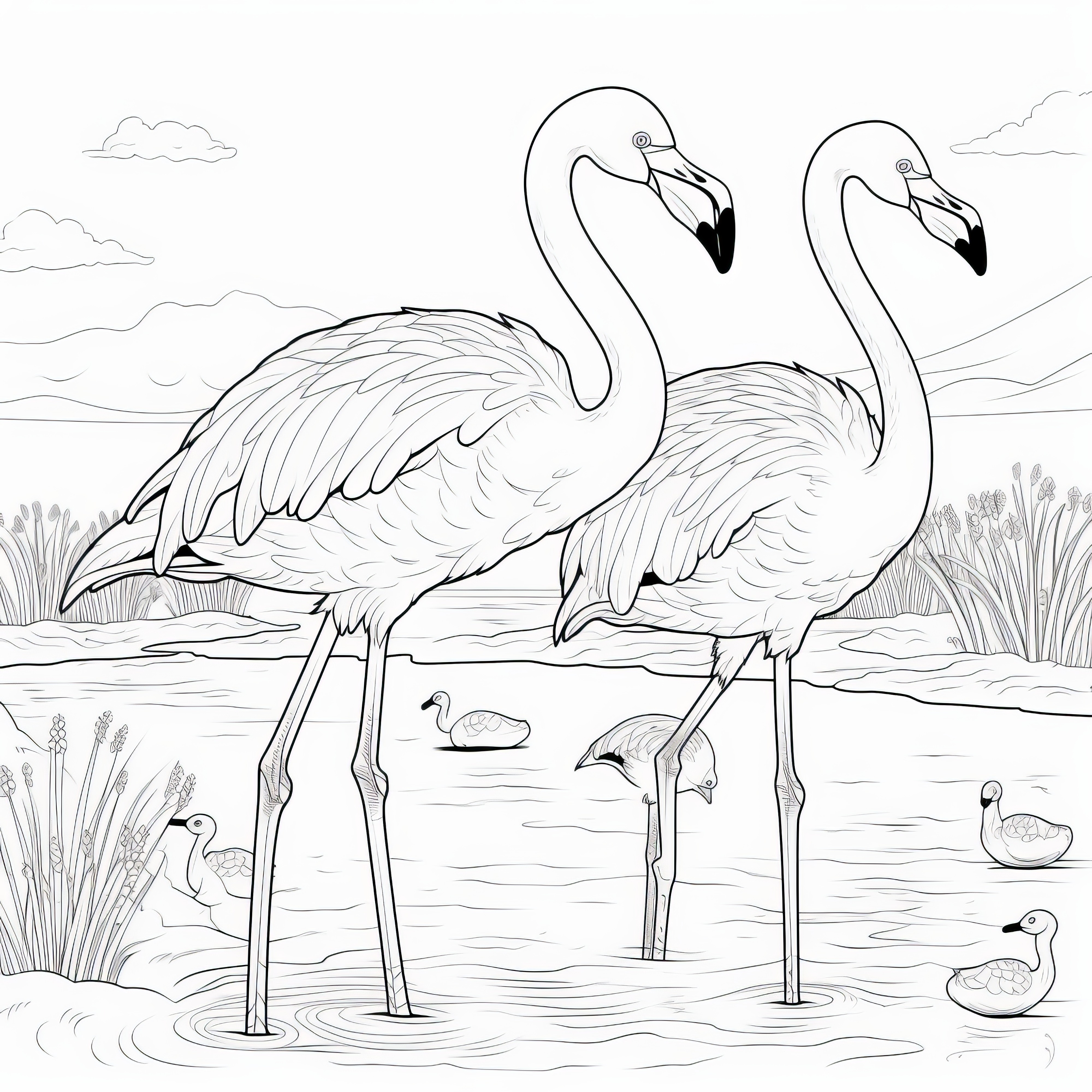Two flamingos are standing in the water: Coloring page available for free download