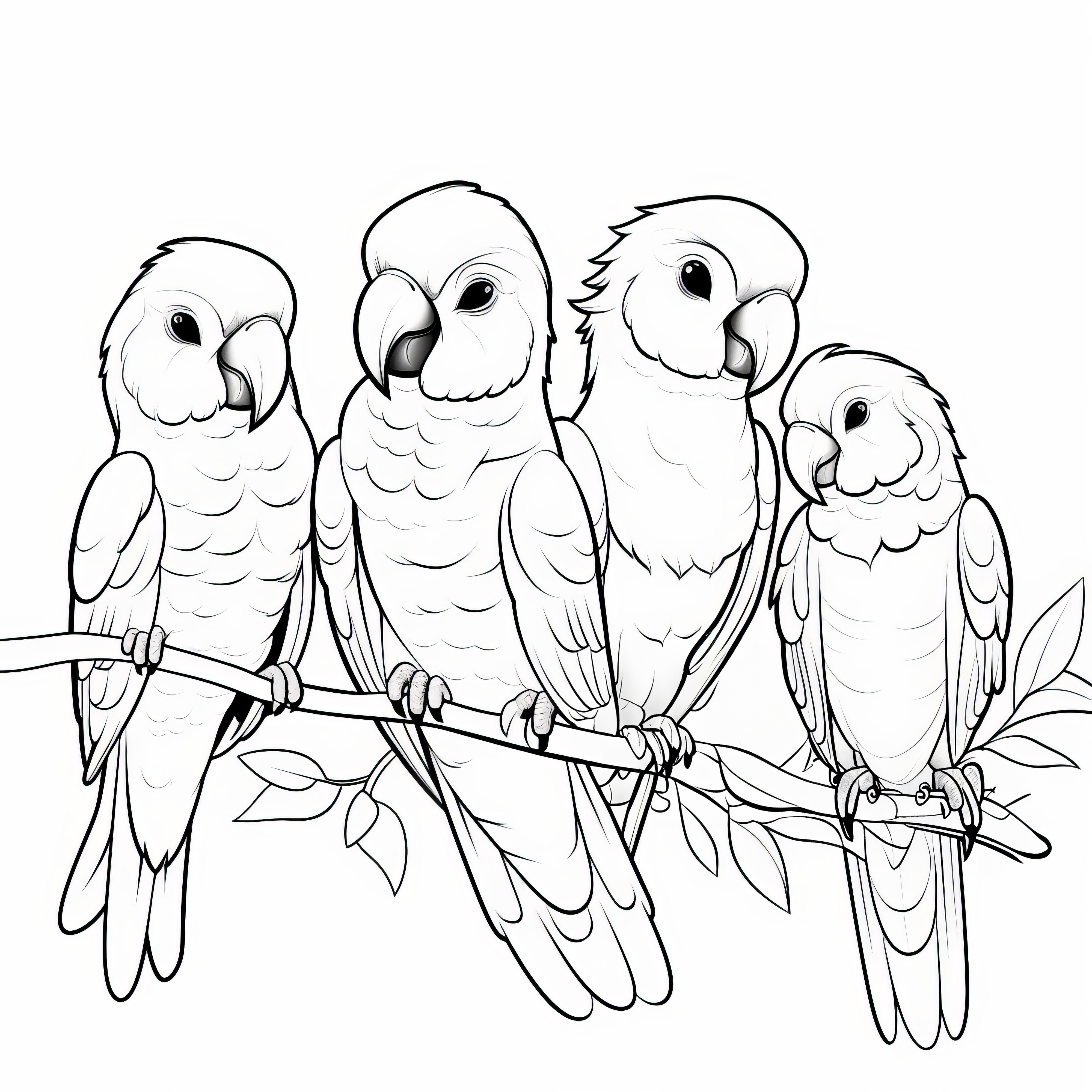 Four cute parrots on a branch: coloring picture for free download