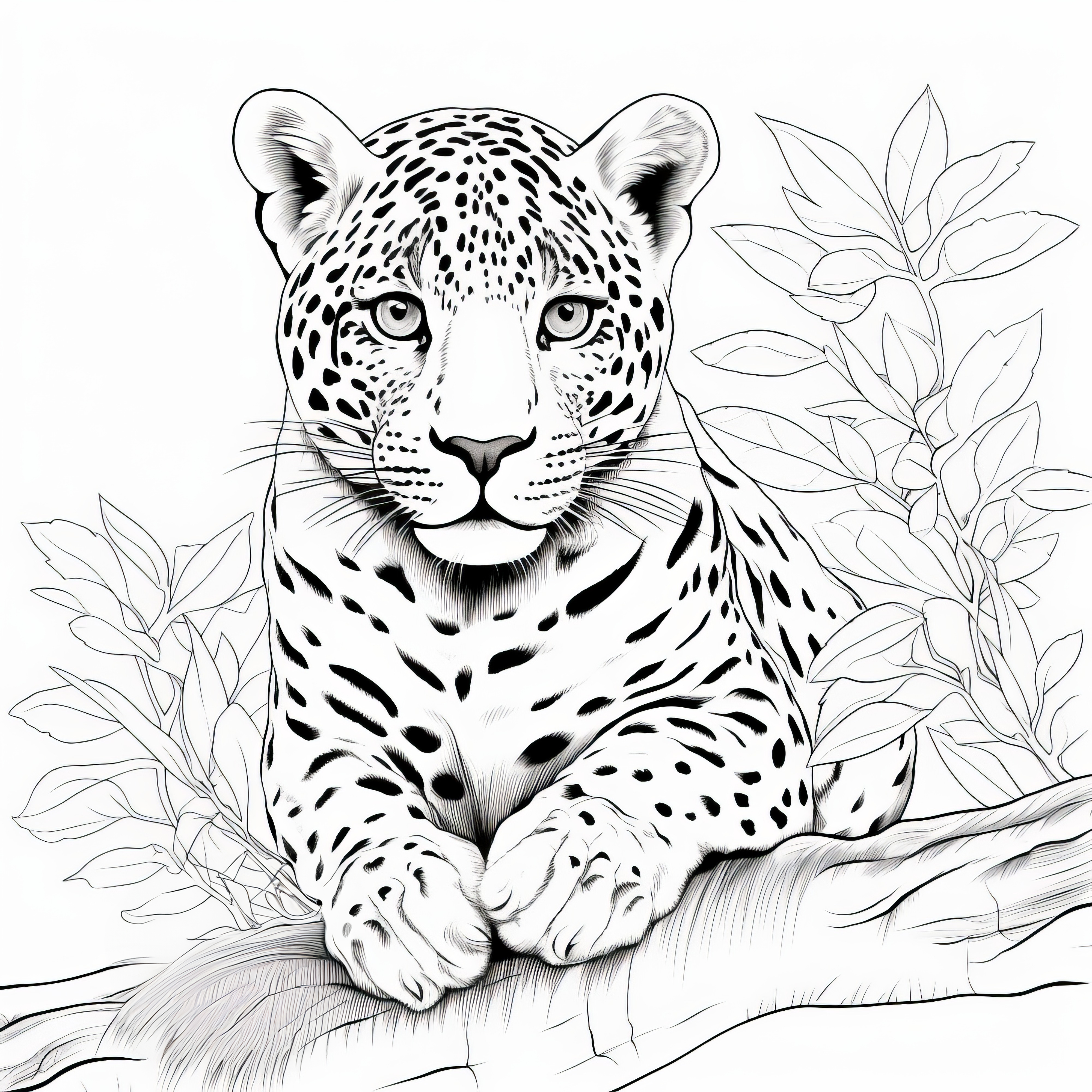 注意深いヒョウ：警戒する大きな猫（無料ぬり絵）