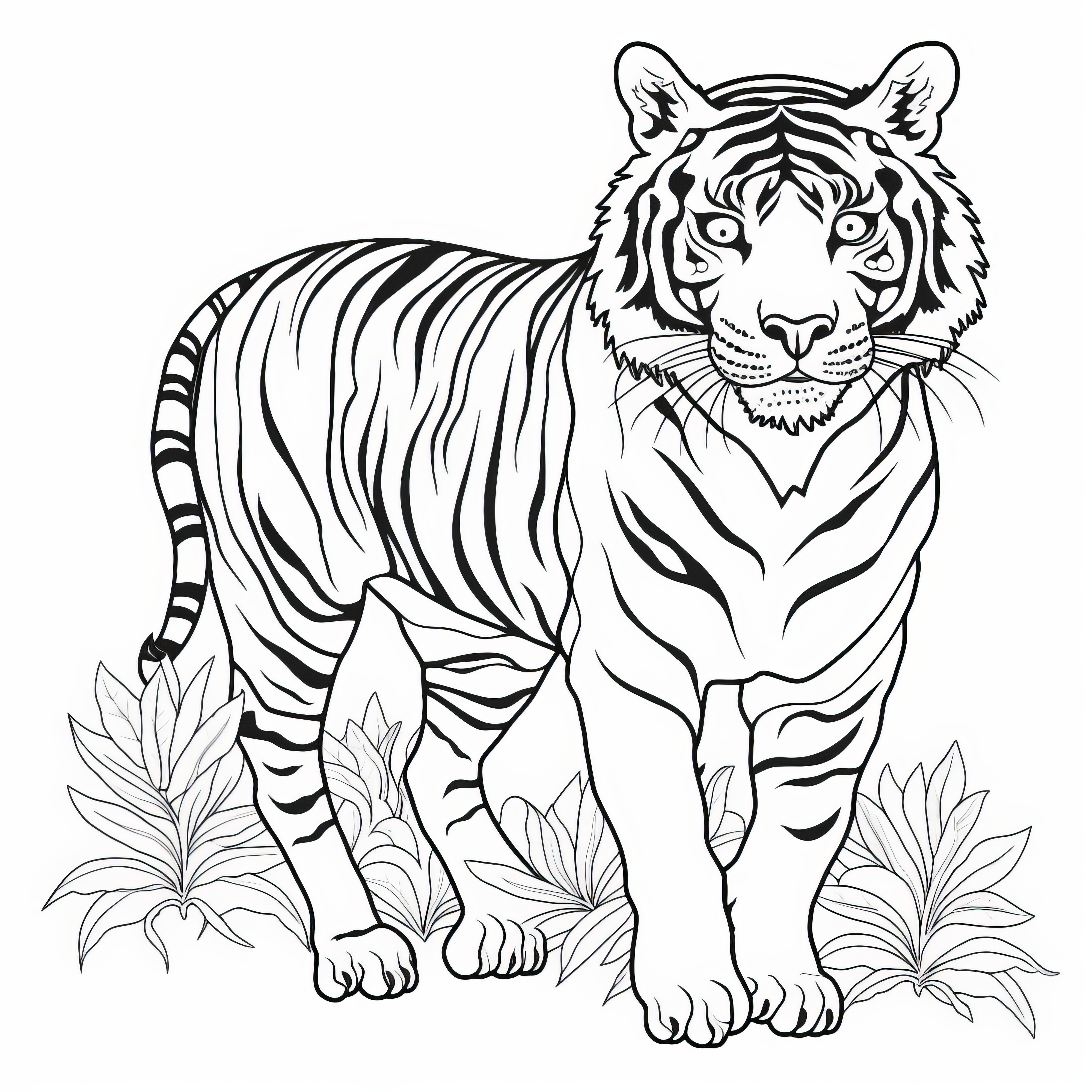 ぬり絵大きな猫：植物と自然の中で虎（無料）