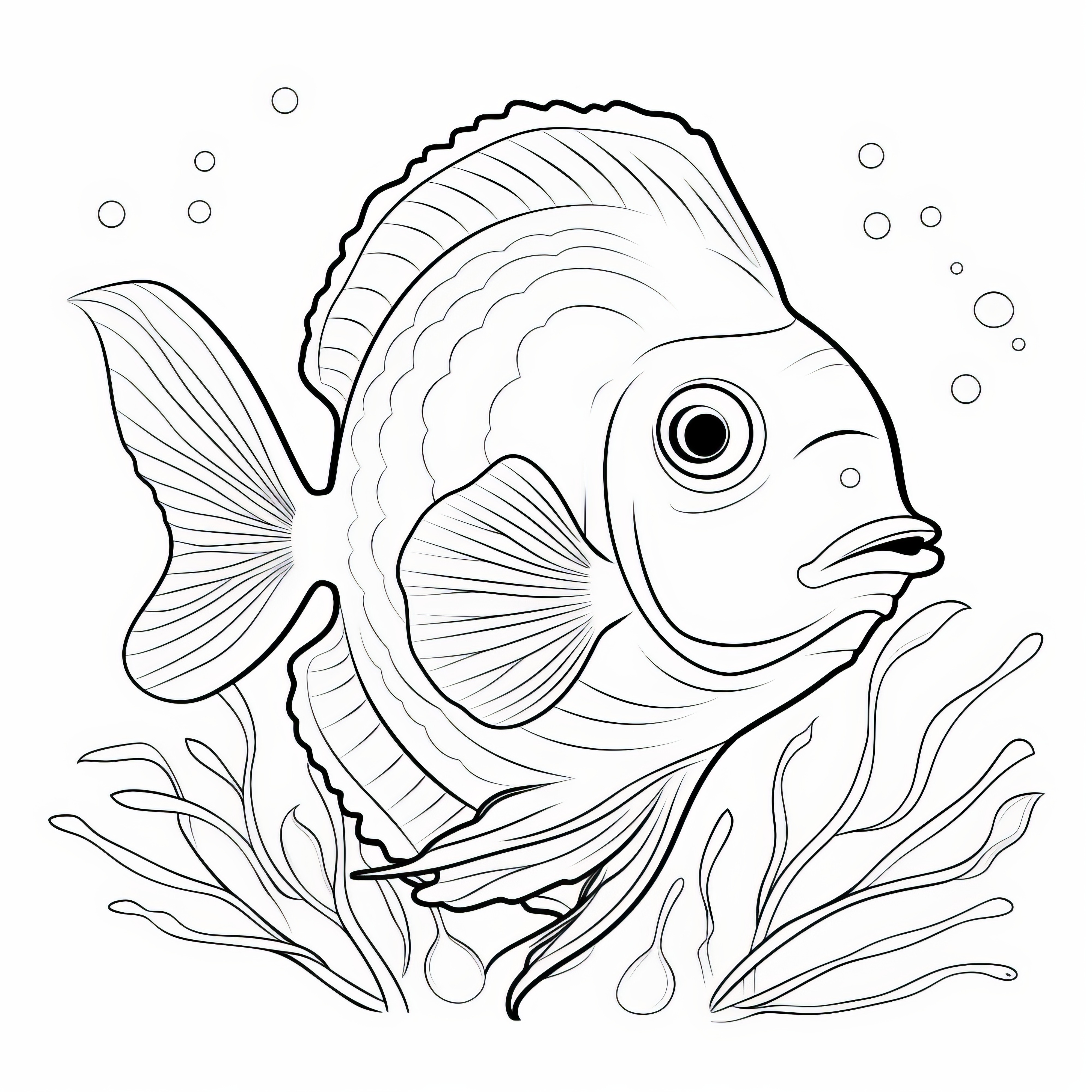 水中植物の間を泳ぐ魚：無料ダウンロードのぬりえページ