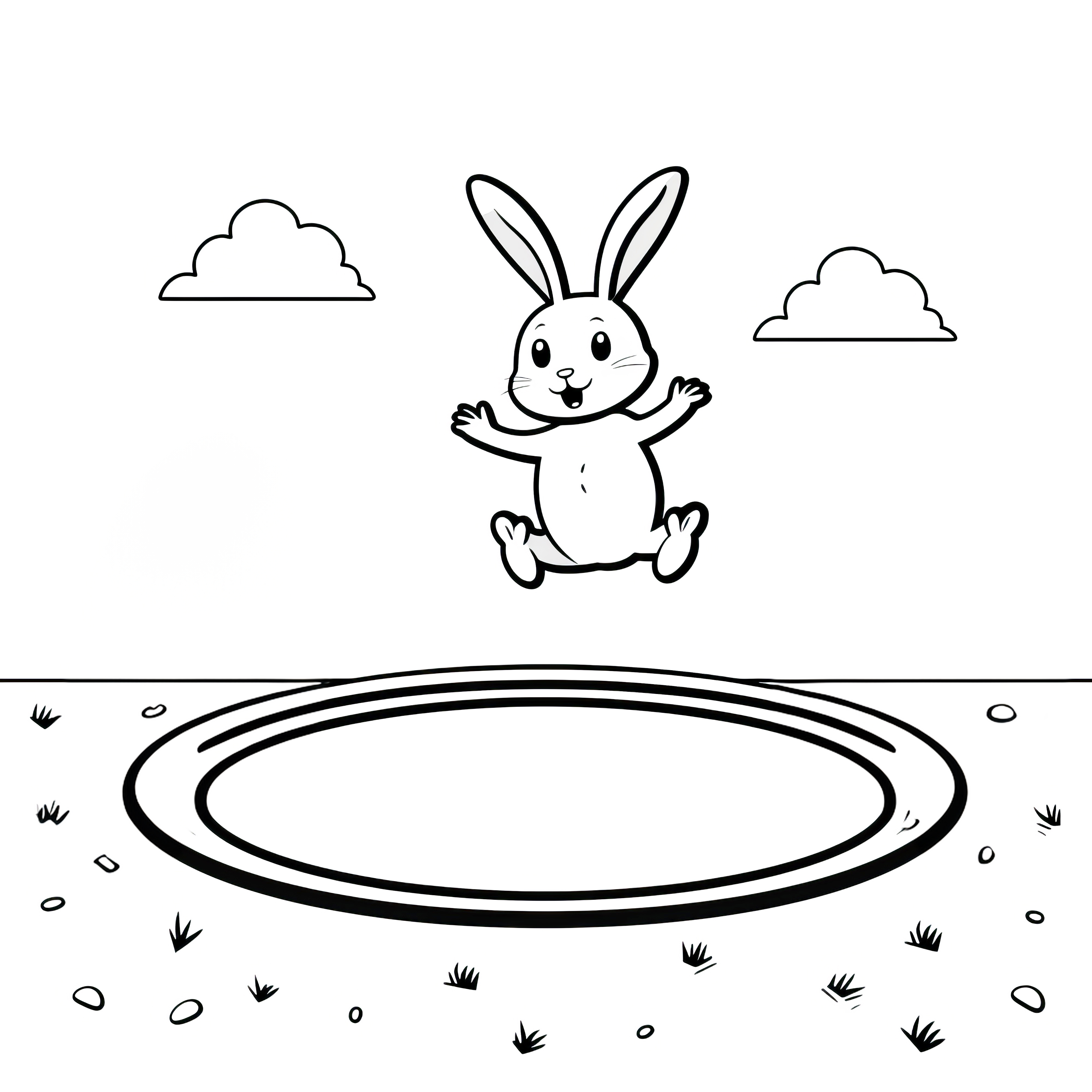 トランポリンでジャンプするイースターバニー：子供のためのシンプルなぬり絵（無料）