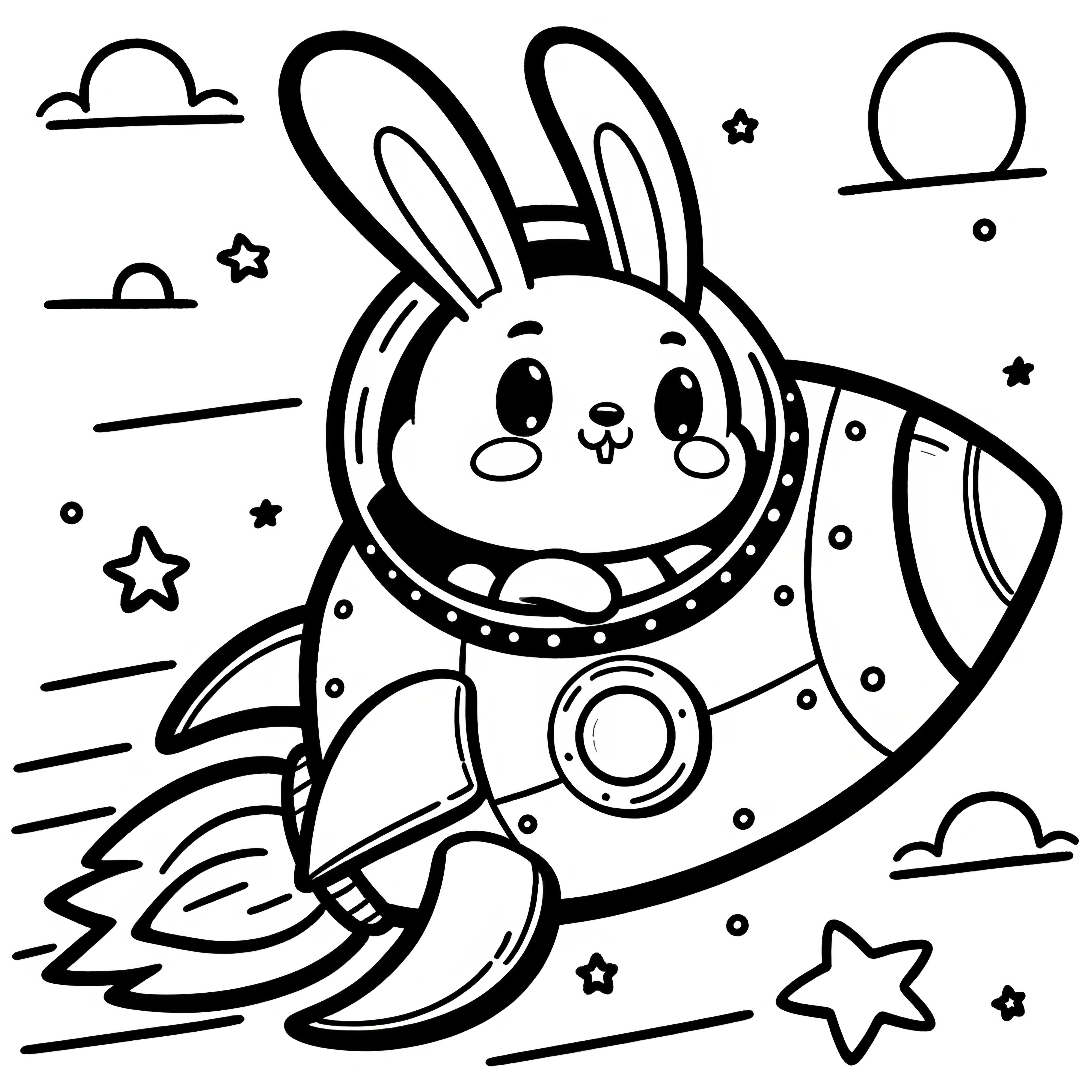 ロケットに乗ったイースターバニーが雲と星空の中を飛ぶ (無料)