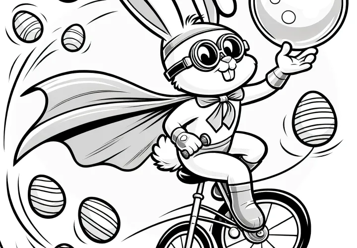 Velykų zuikis kaip superherojus, atliekantis triuką su dviračiu: spalvinimo puslapis su velykiniais kiaušiniais (nemokamai)
