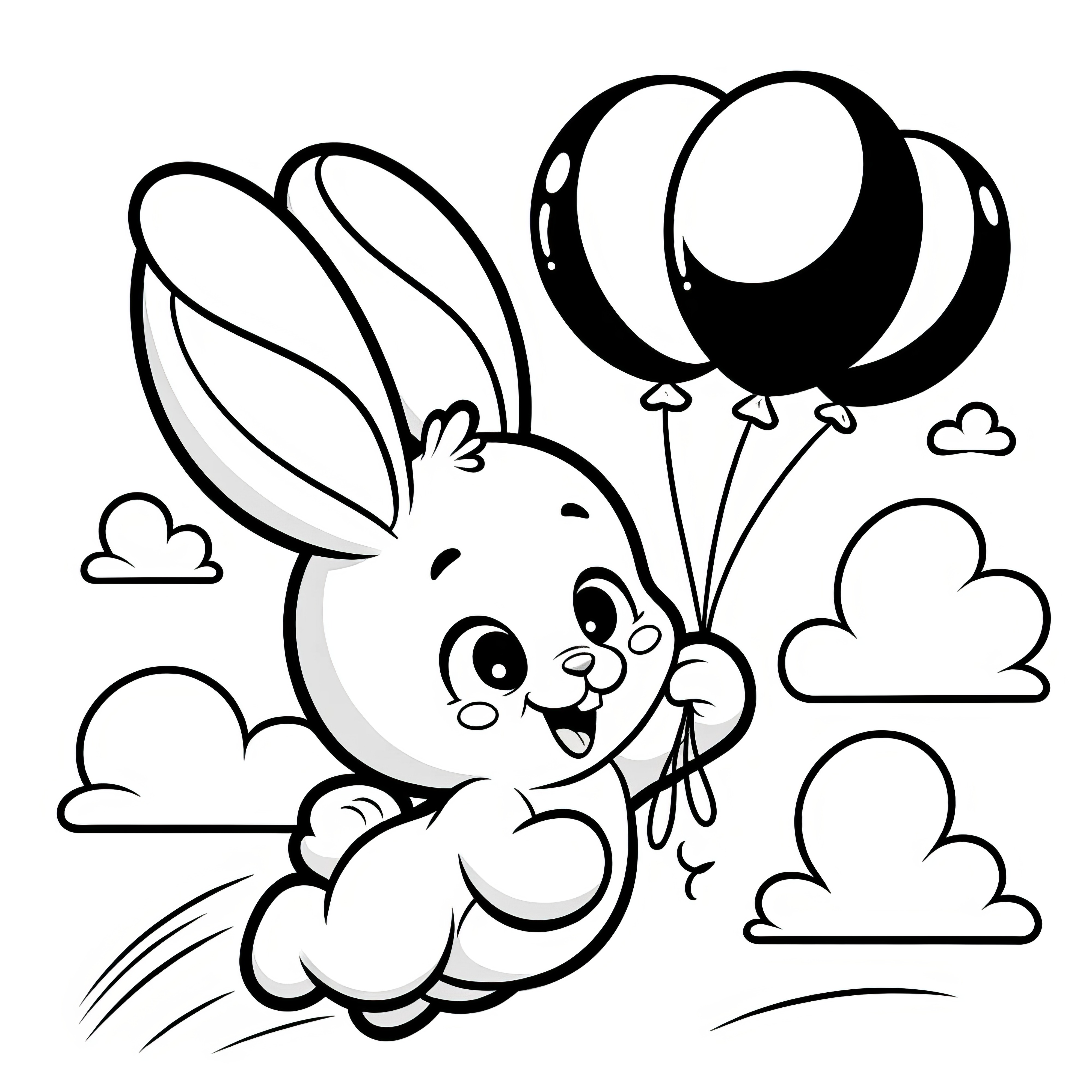 Laughing Easter bunny flies through the sky with balloons: simple coloring page (free)