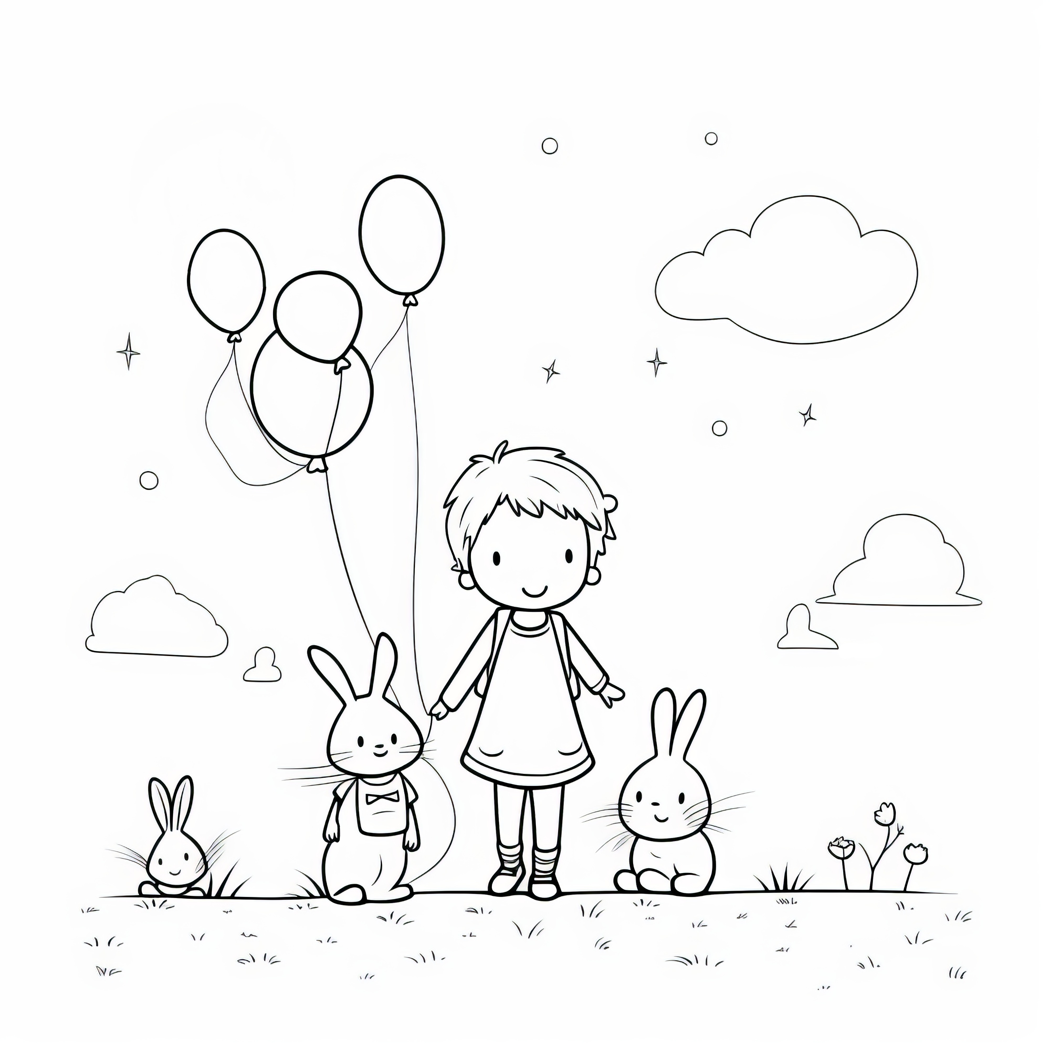 草原で3匹のイースターバニーと幸せな子供：子供のためのぬり絵 (無料)