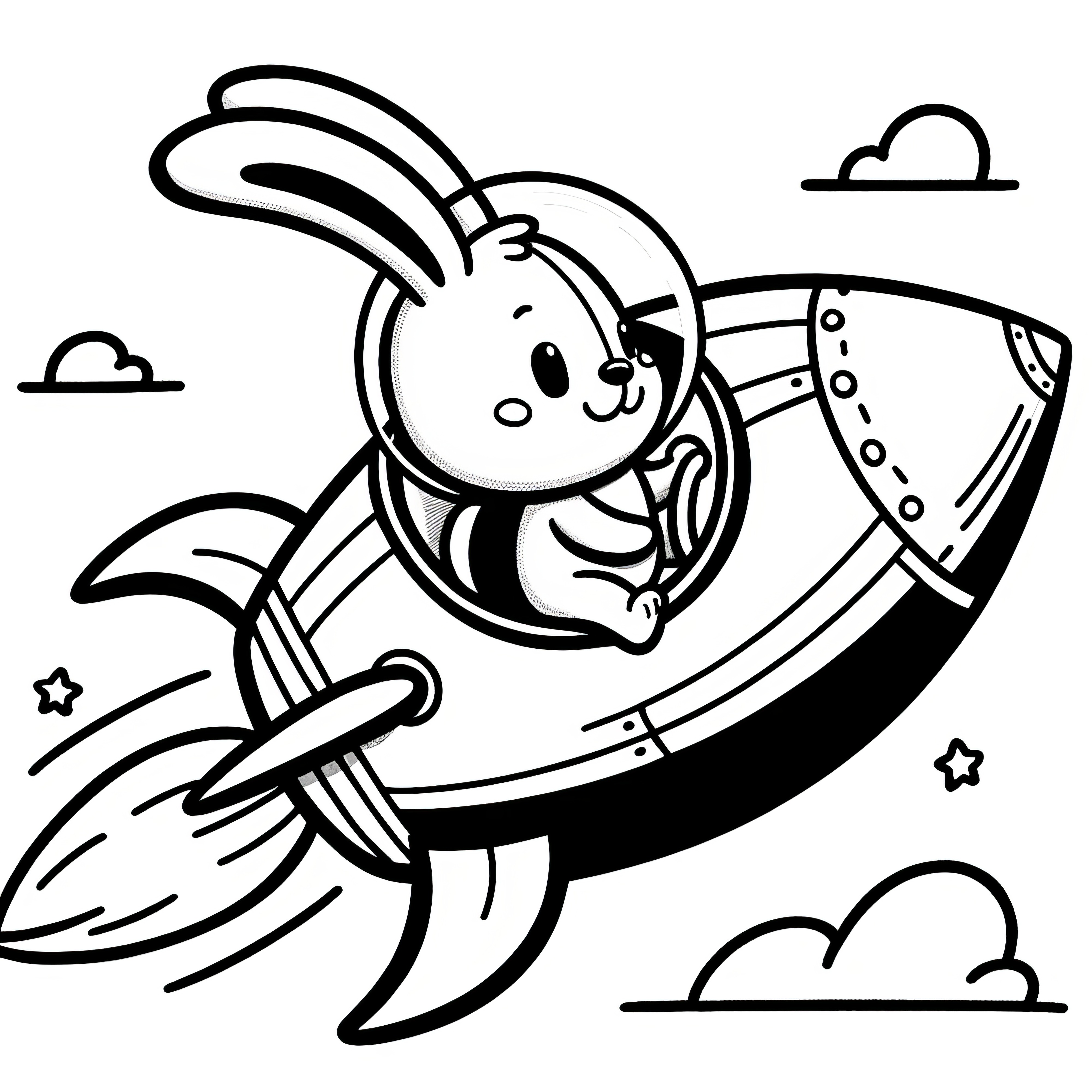 Little Easter bunny flies with rocket: Easter picture to color (Free)