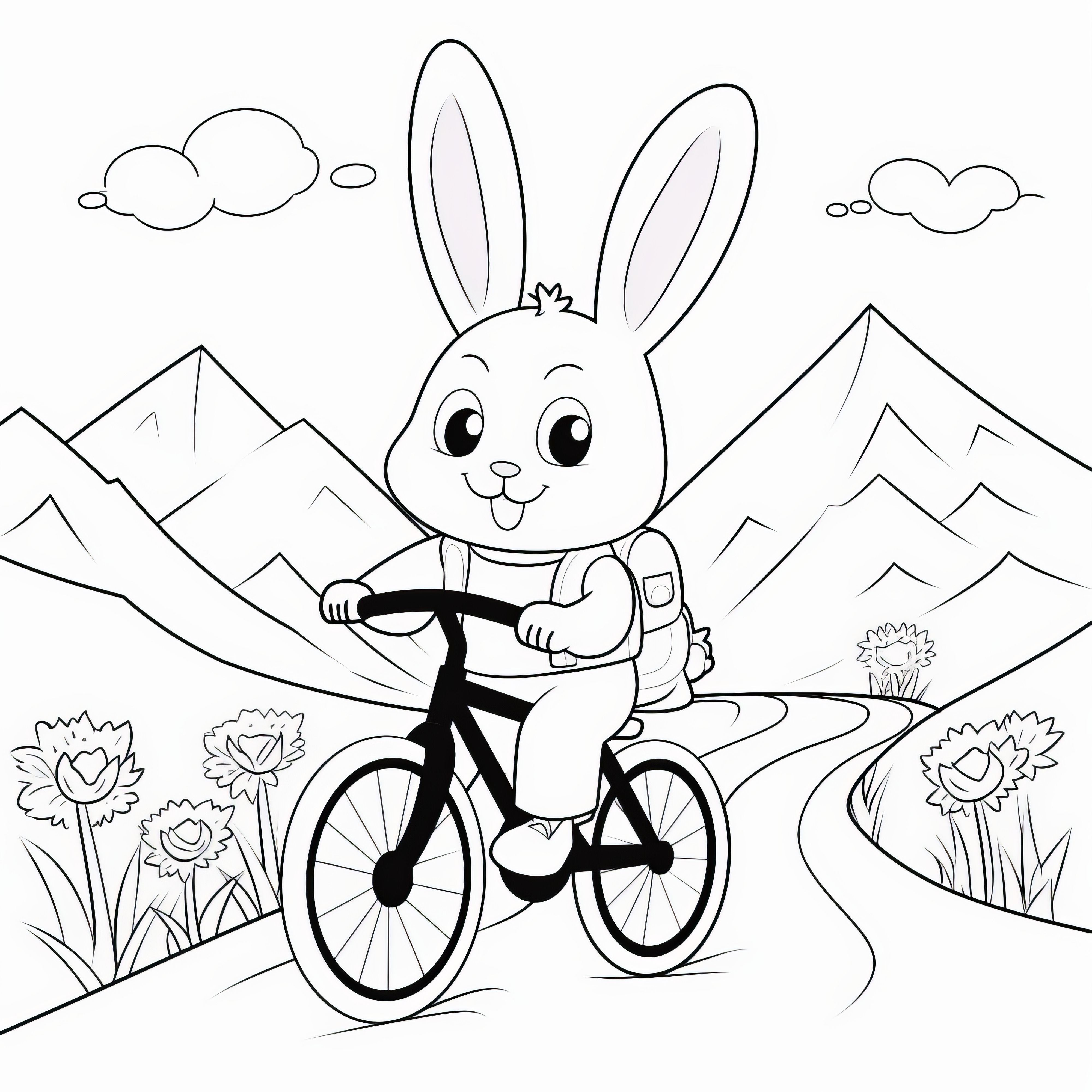 リュックサックと自転車でイースターバニー：山の風景とぬり絵（無料）