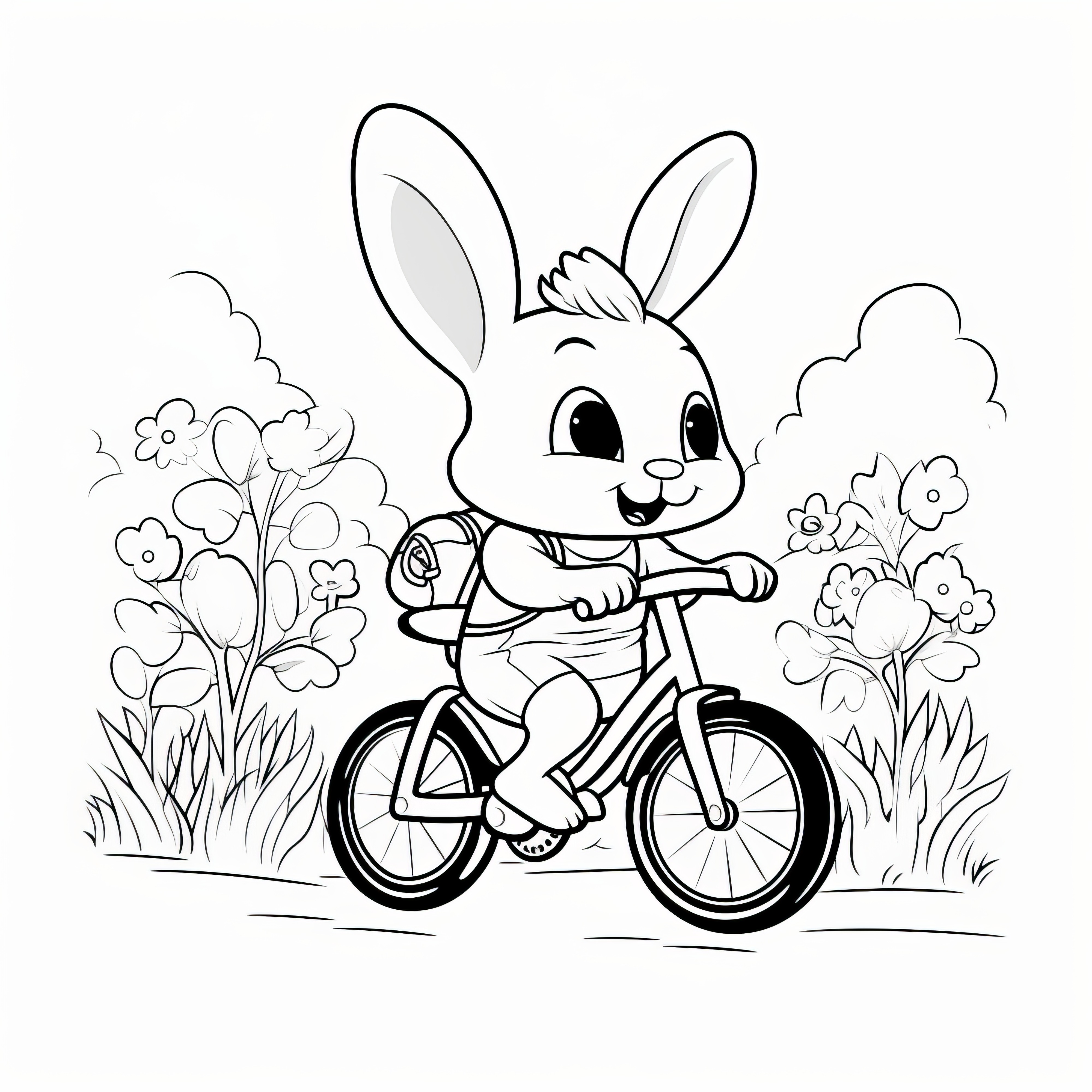 花に囲まれて自転車に乗った笑うイースターバニー： 無料ダウンロードのぬり絵