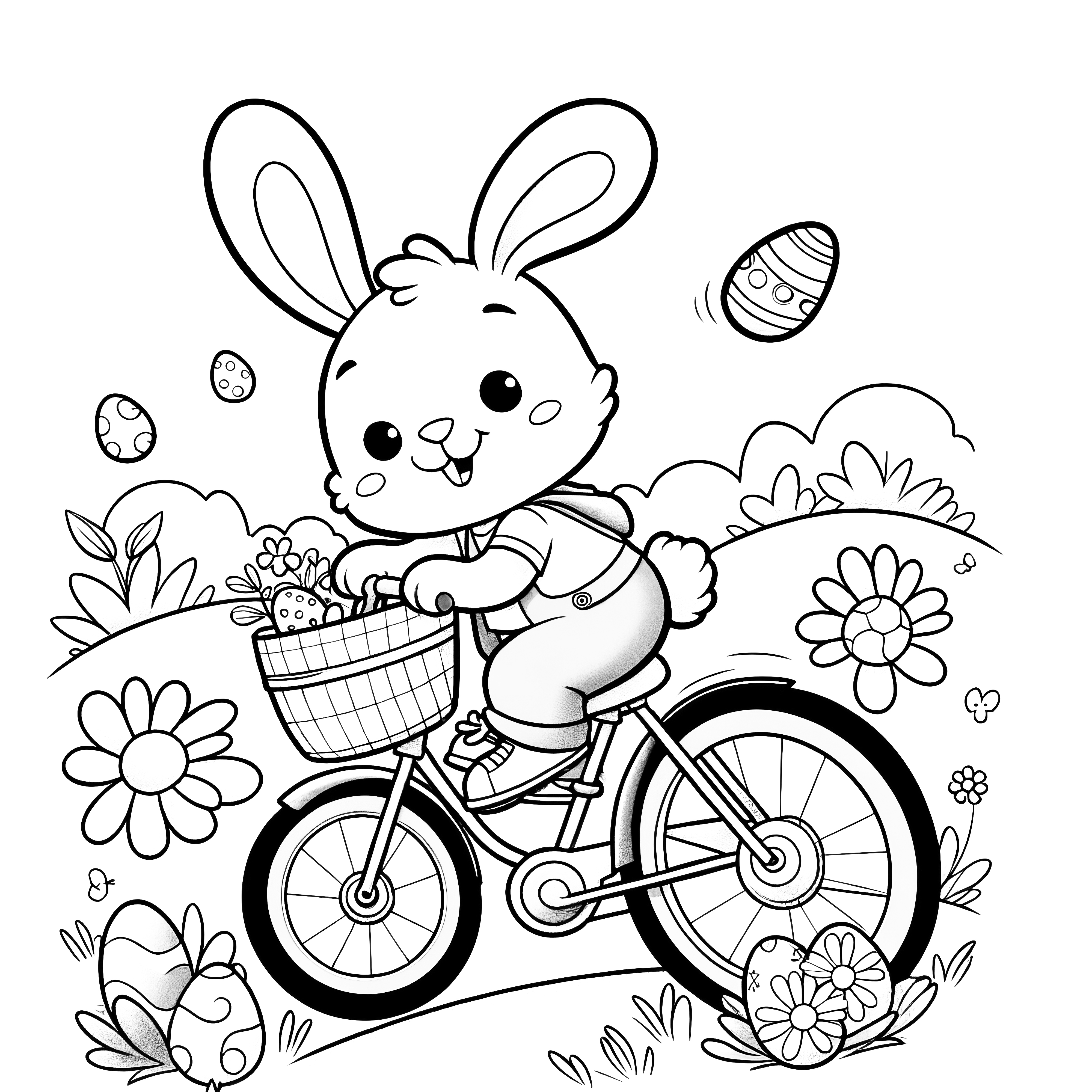 花草原に自転車とイースターバニー：ぬり絵ダウンロード（無料）