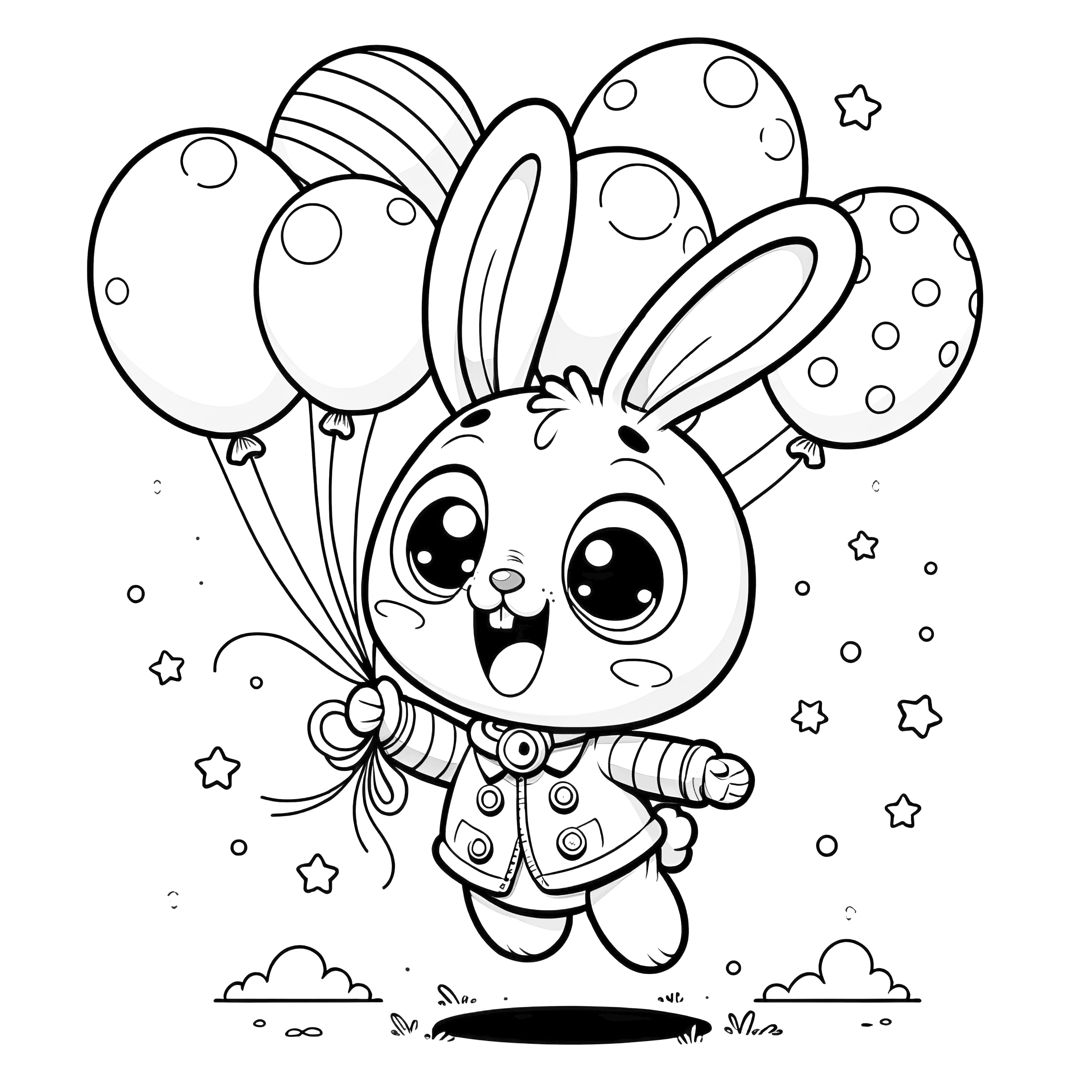 Smiling Easter bunny takes off with balloons: Printable picture (Free)
