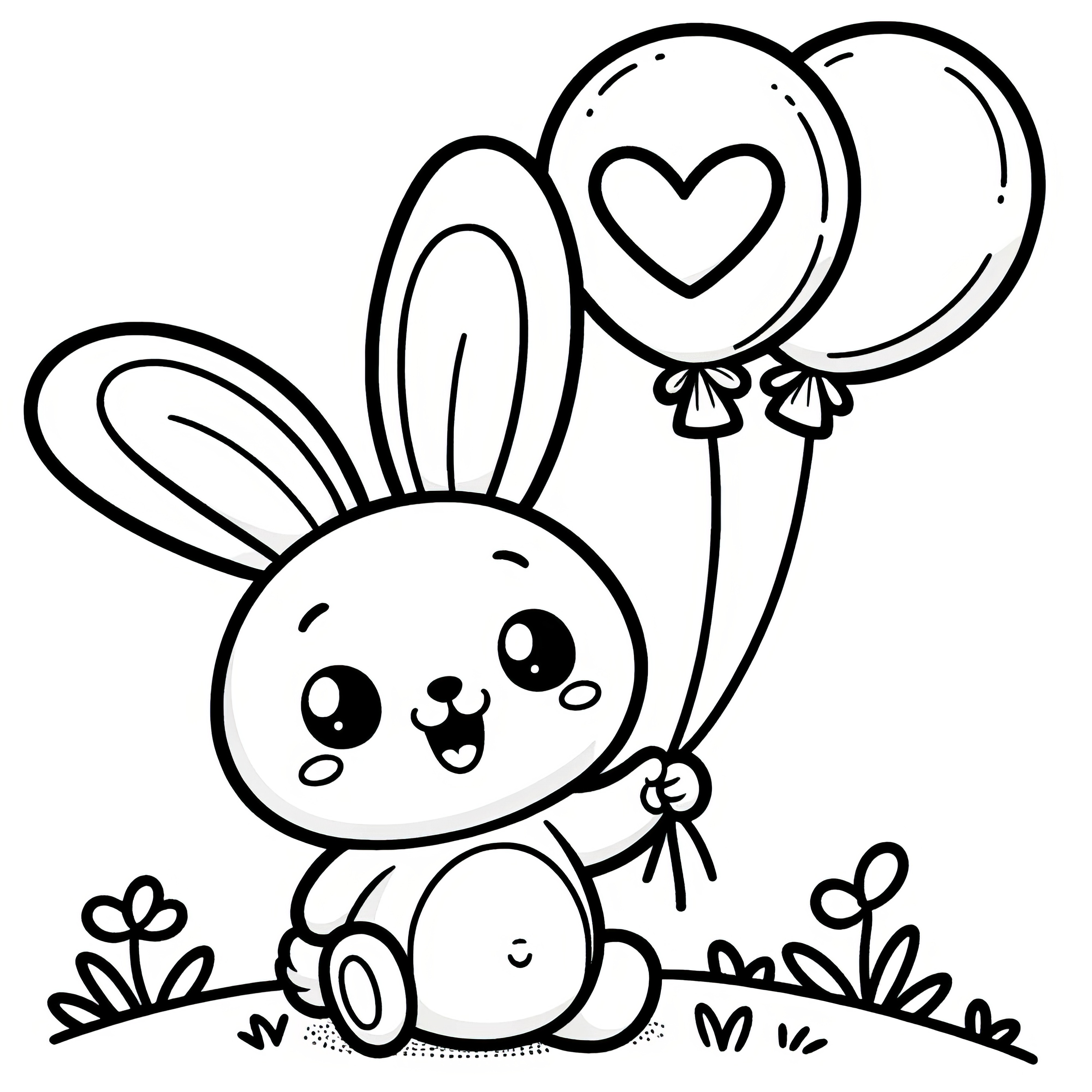 Easter bunny with two heart-shaped balloons on a meadow: Free coloring page