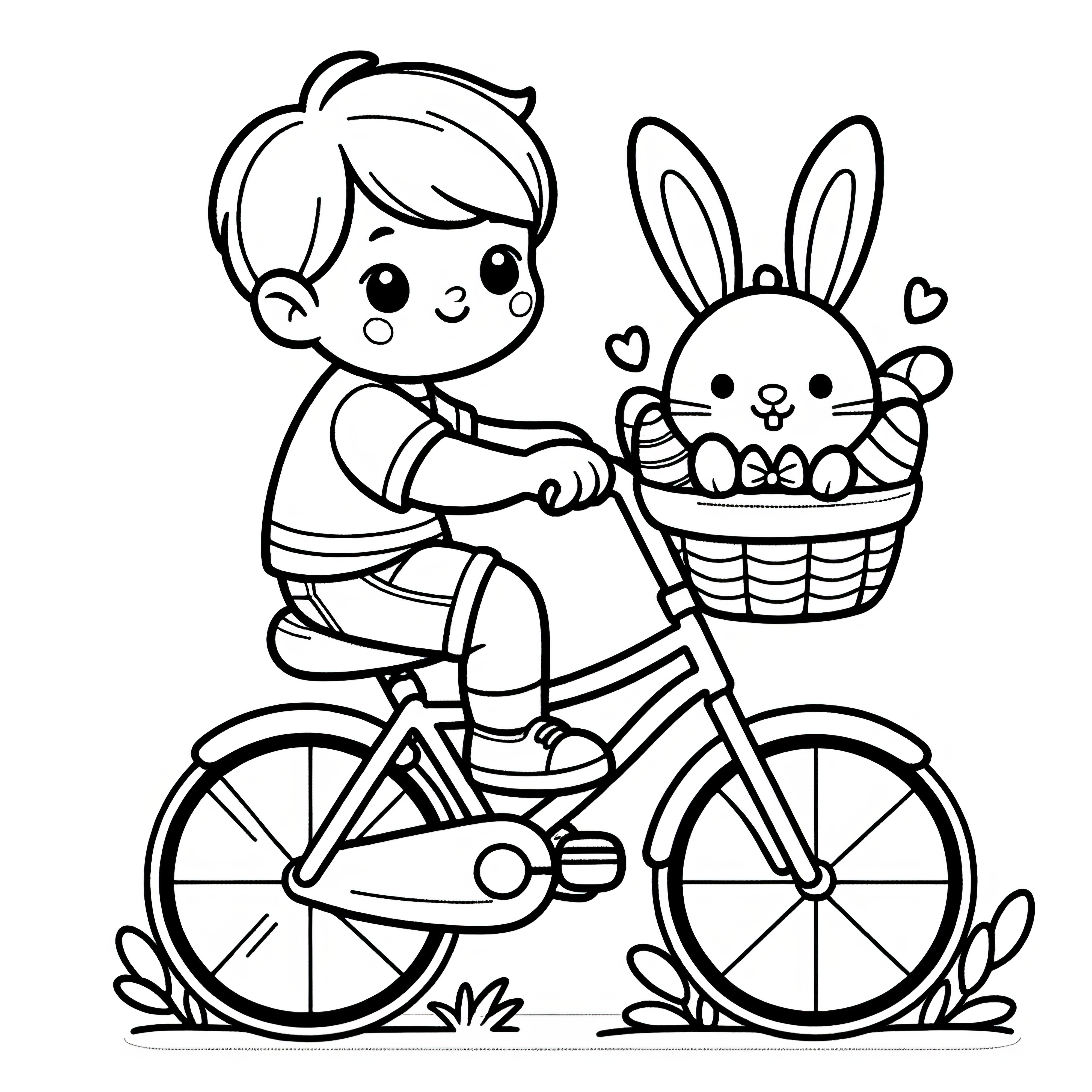 Anak dengan kelinci Paskah di keranjang sepeda: Lembar mewarnai lucu untuk diunduh (Gratis)