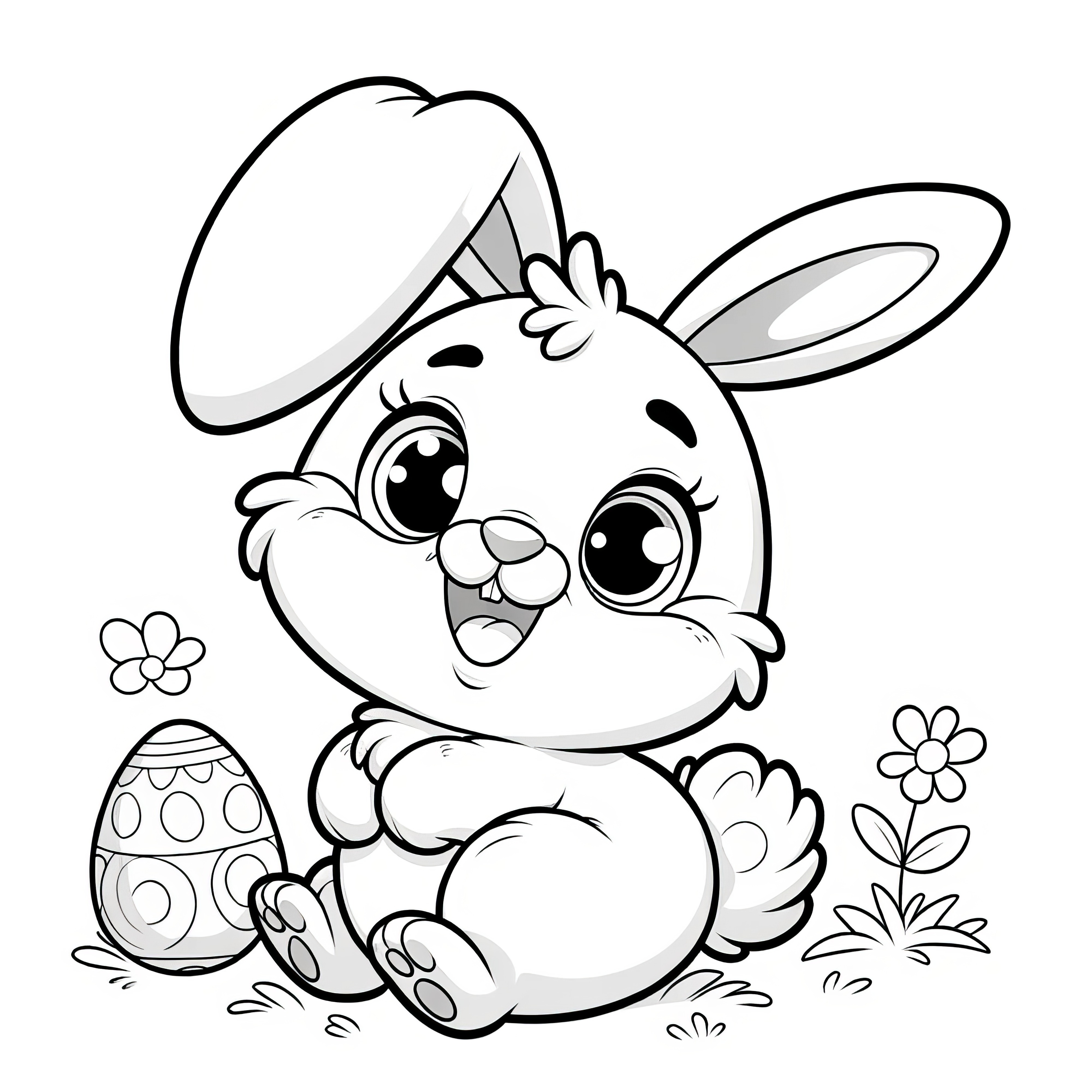 Laughing Easter bunny with floppy ear and Easter egg: Simple coloring template (Free)
