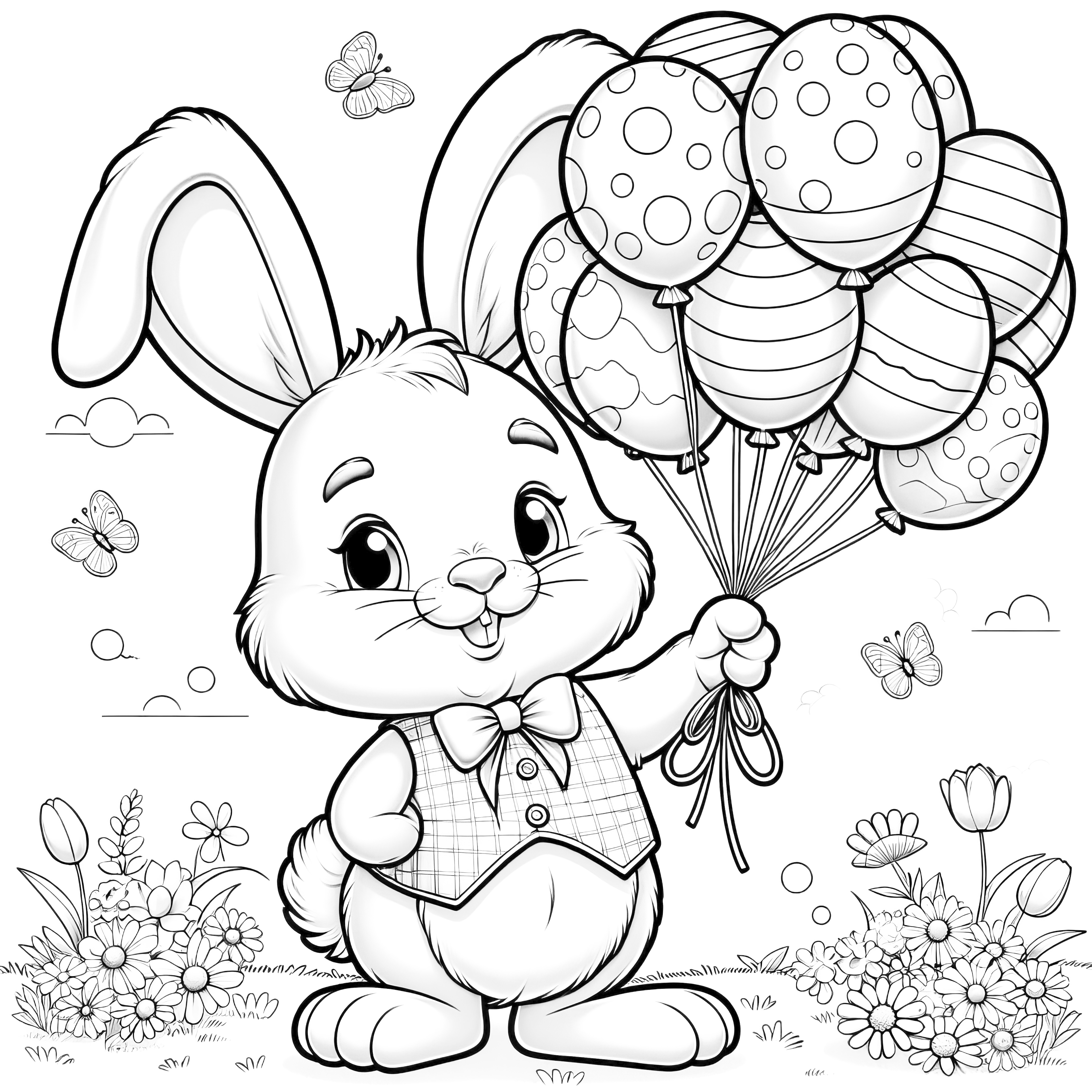 ウエストコートと風船を持つイースターバニー：子供のための無料のぬり絵
