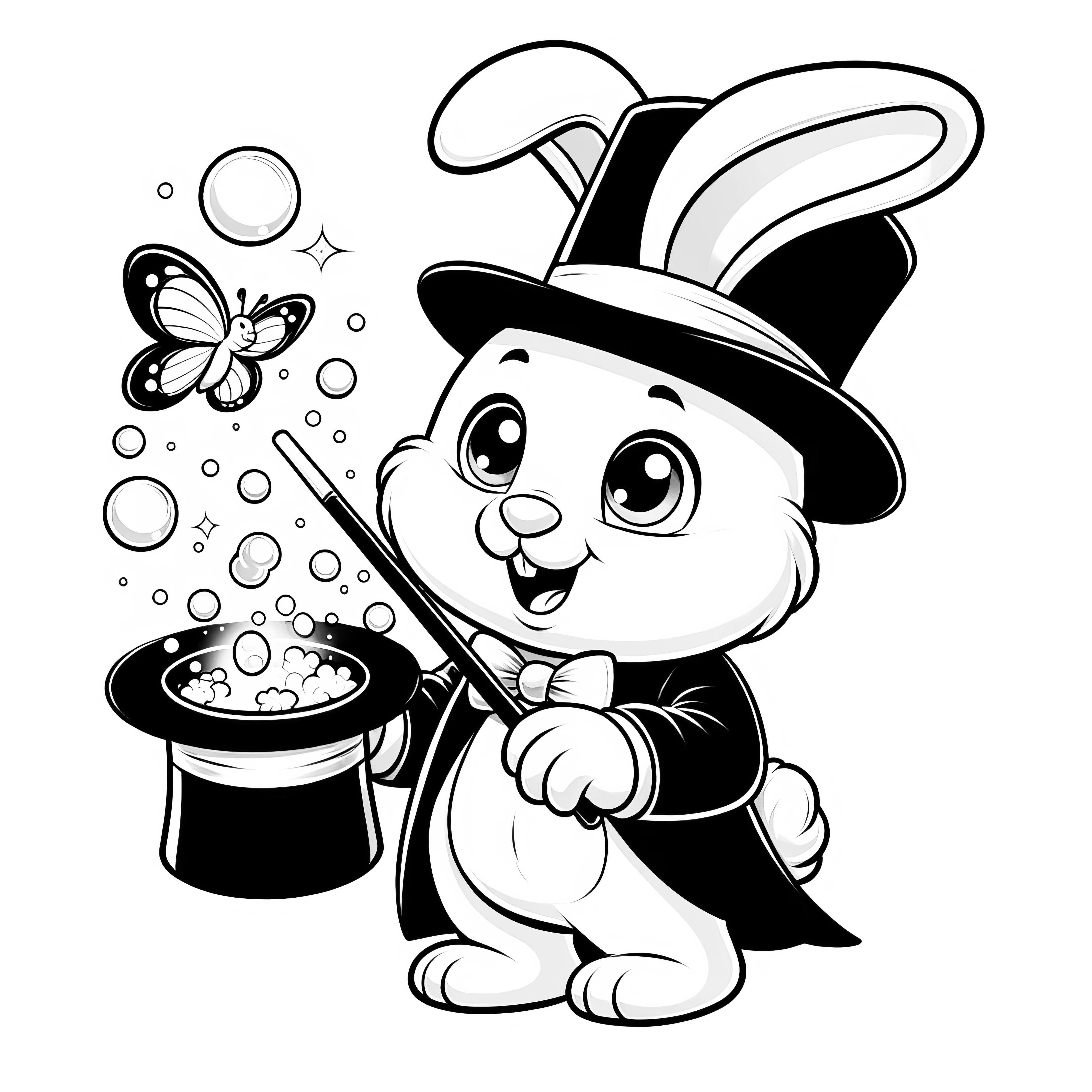 イースターバニーが帽子から蝶を出す：ぬり絵ダウンロード（無料）
