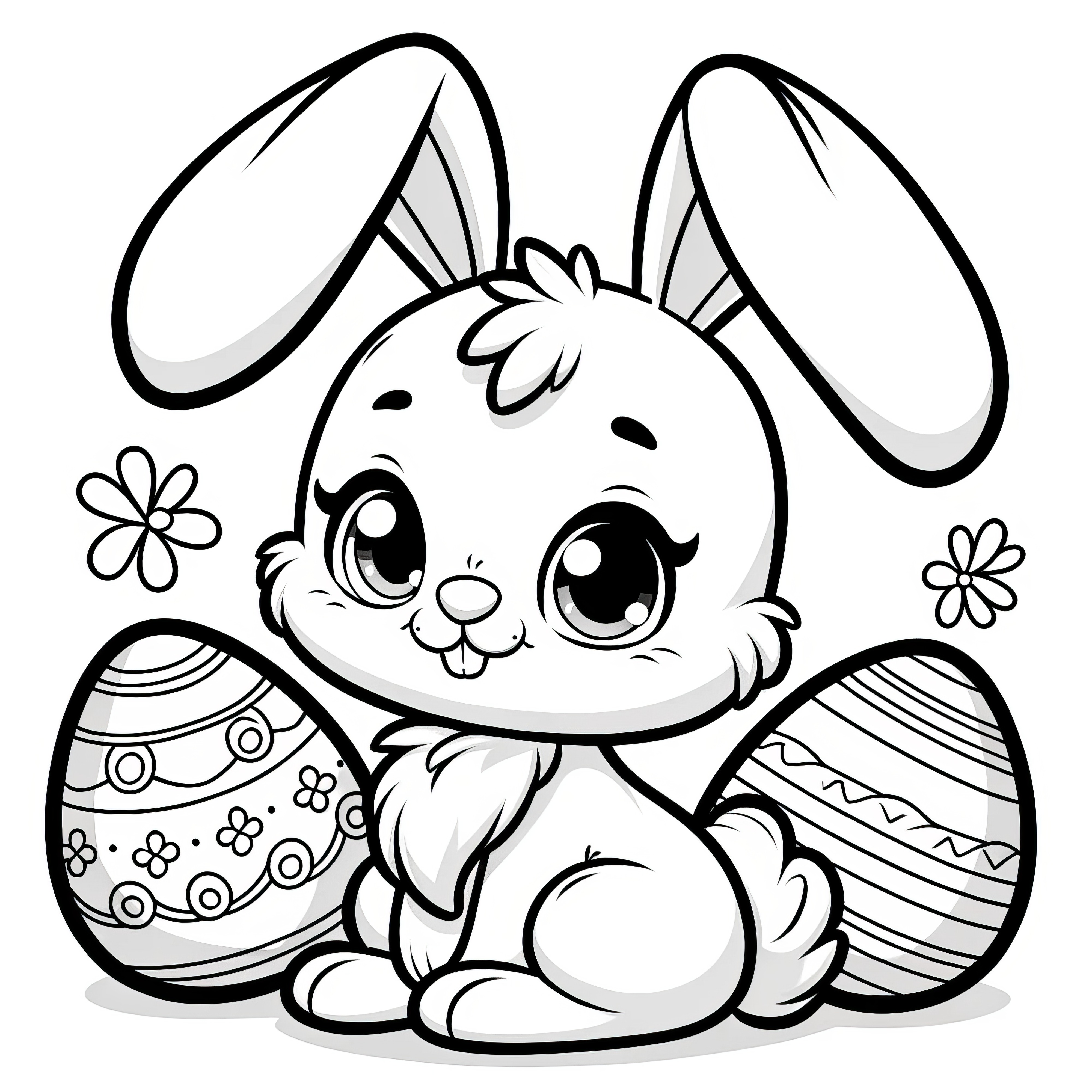 Cute little Easter bunny with two Easter eggs: Simple coloring template (Free)