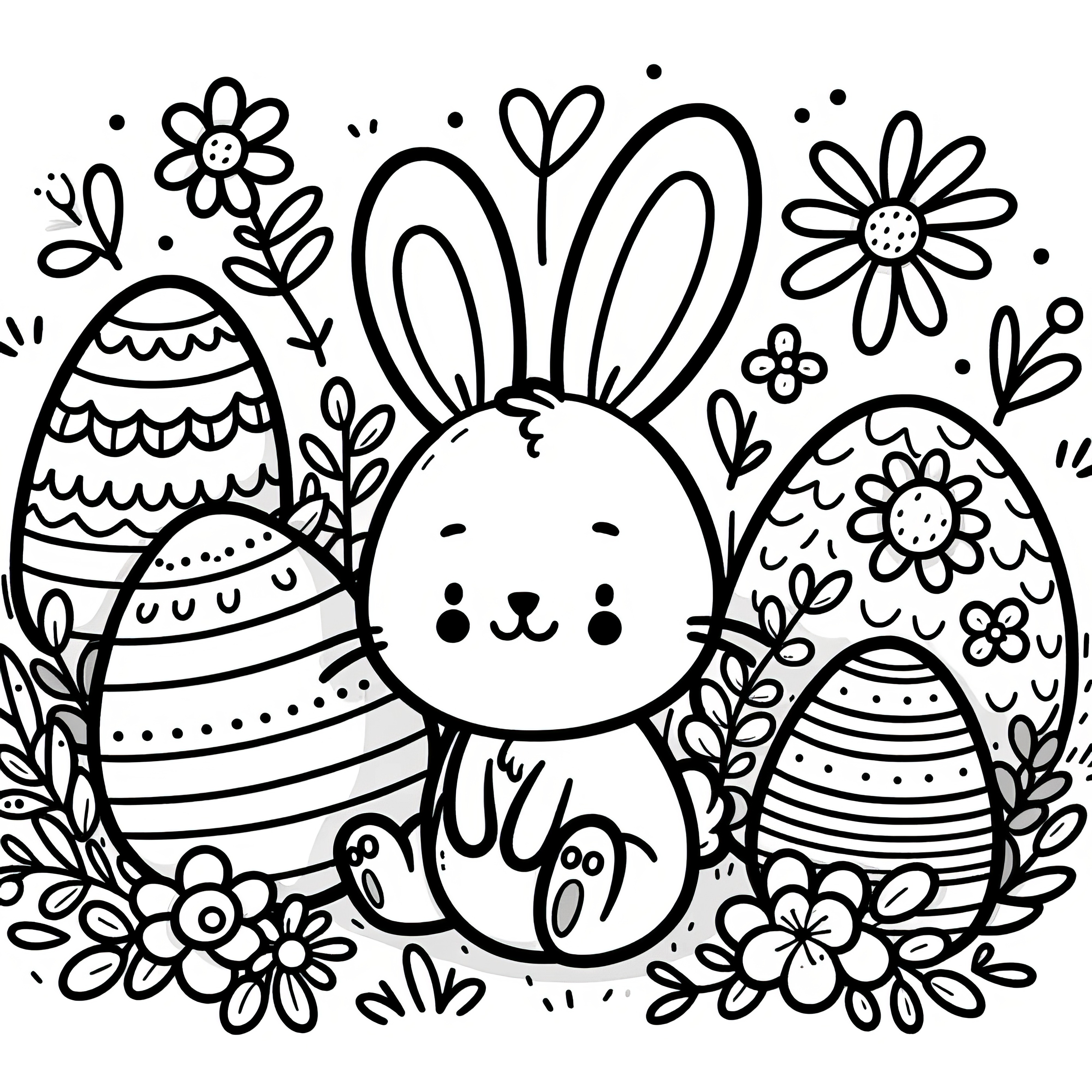 Small Easter bunny among Easter eggs on a flower meadow: Cute picture to color (free)