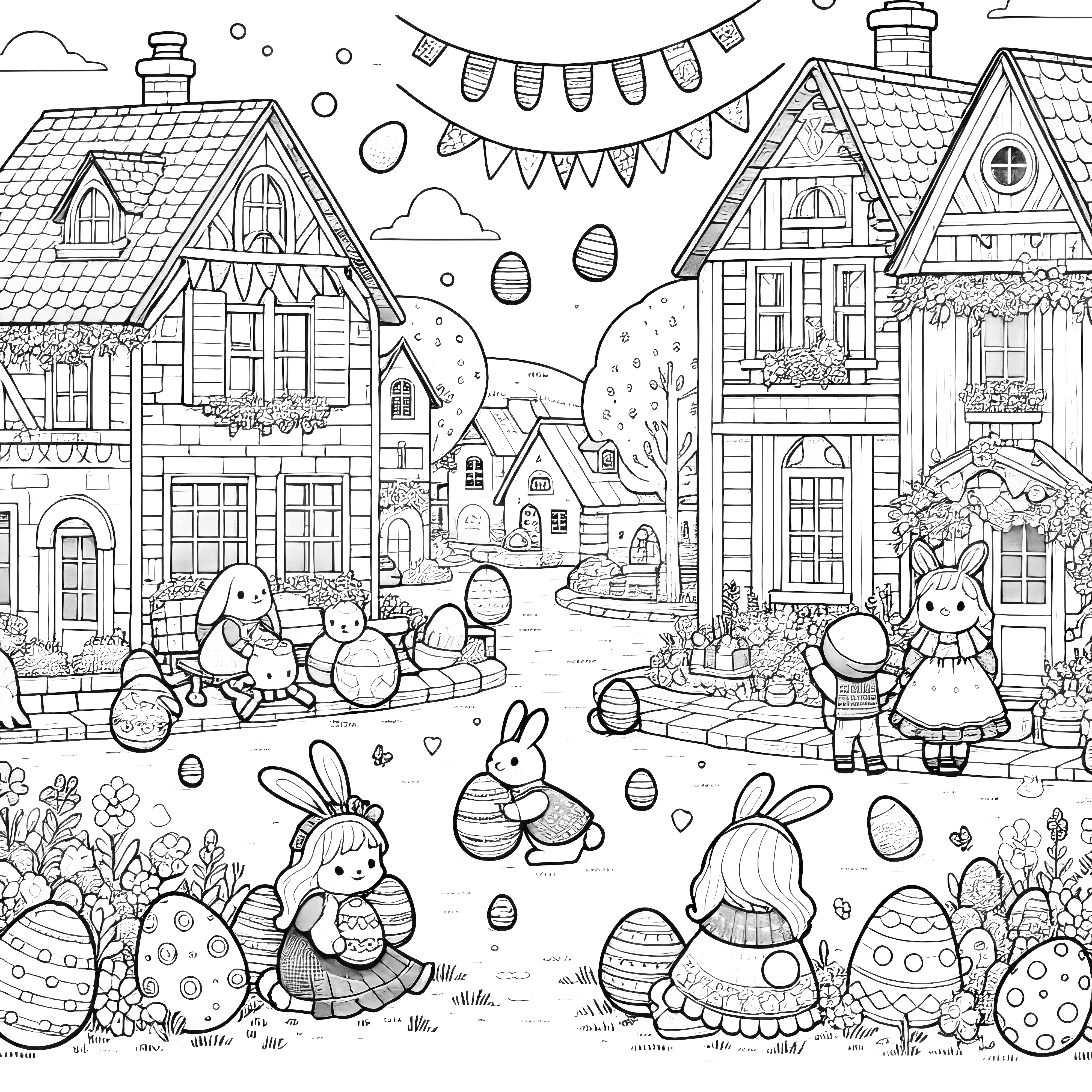 村でイースターのエッグハント：ぬり絵ダウンロード（無料