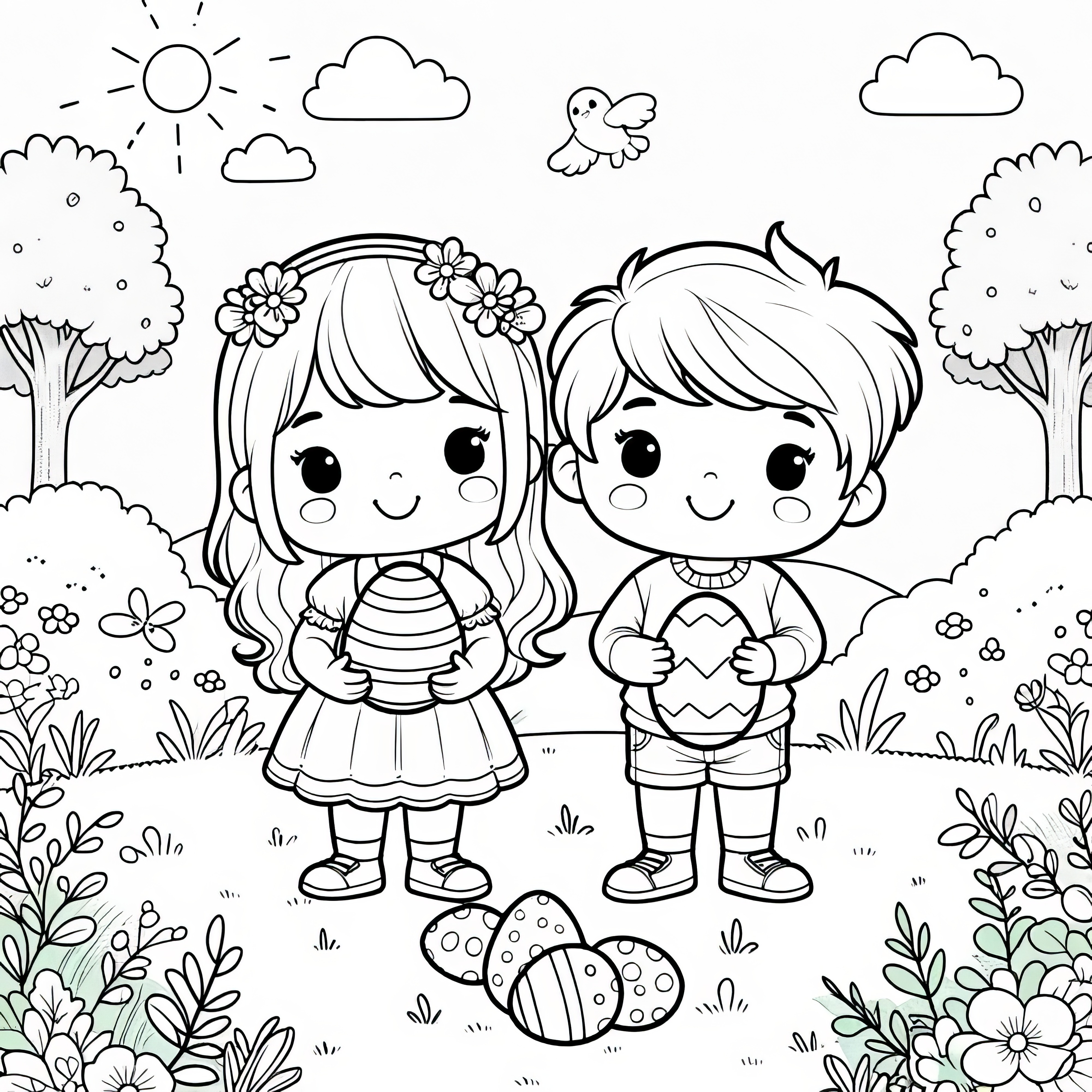 男の子と女の子がイースターエッグを見つける：ぬりえページ 無料ダウンロード