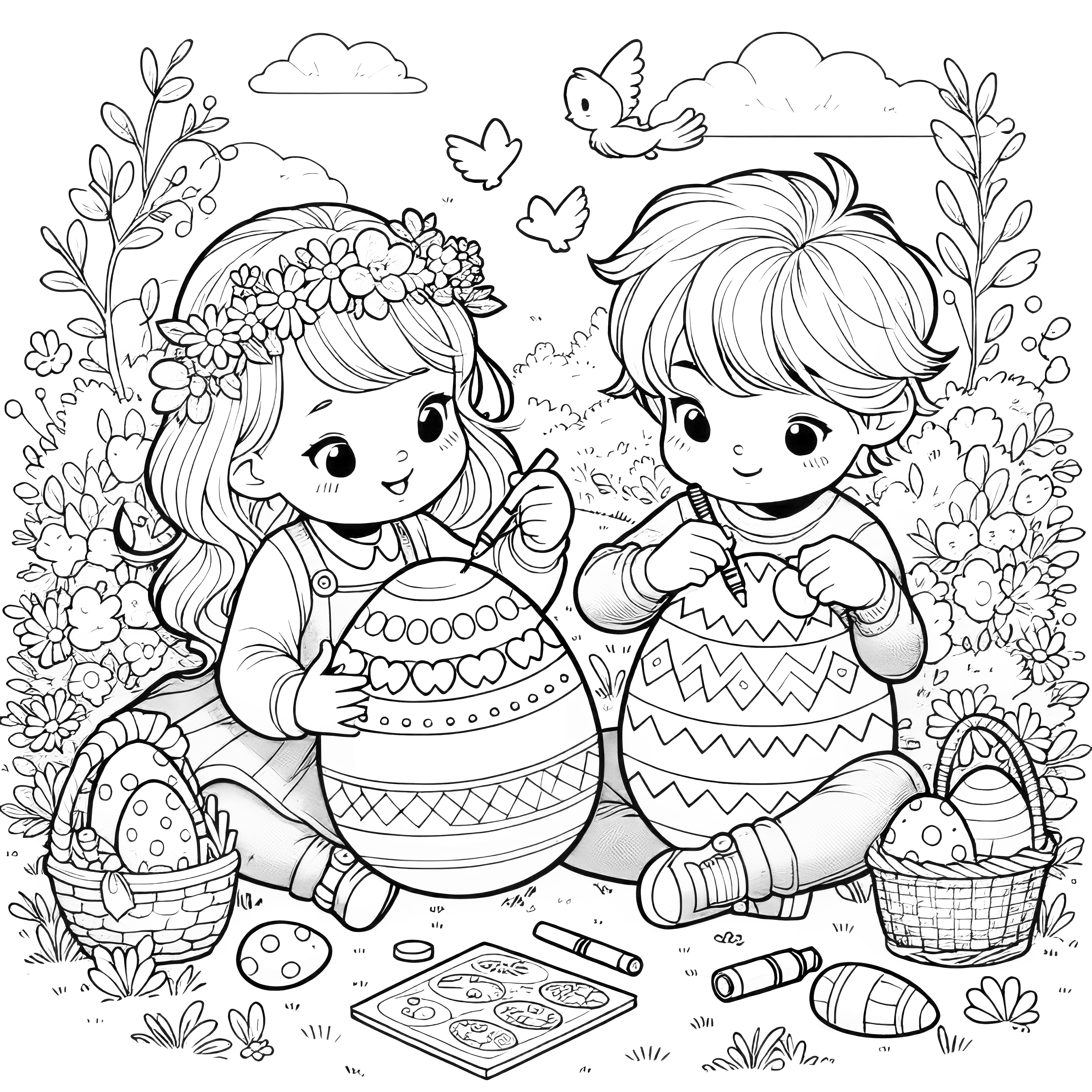 花の草原でイースターエッグに色を塗る男の子と女の子：画像をダウンロードする (無料)