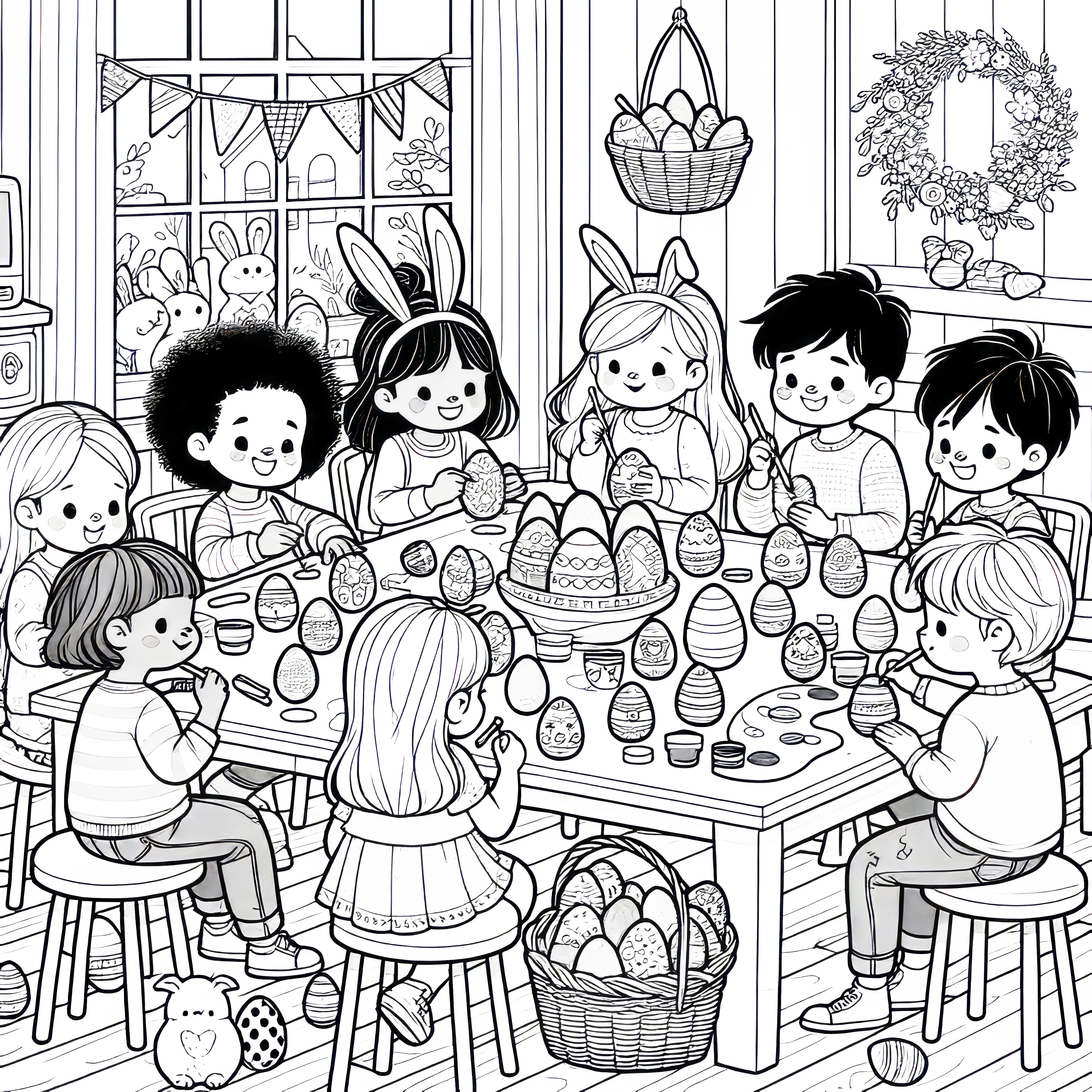 Children coloring Easter eggs at the table: Coloring page available for download (Free)