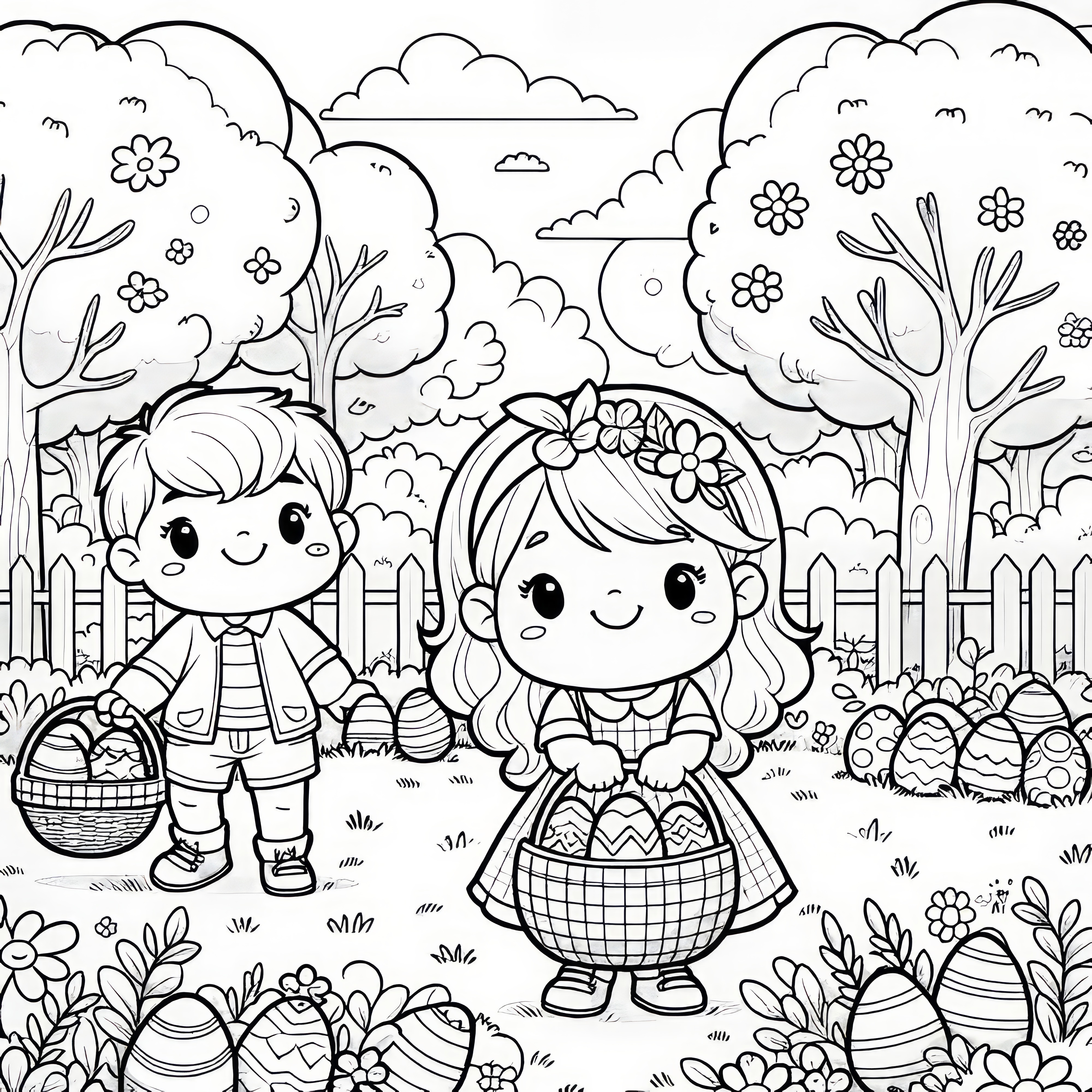 Two children searching for Easter eggs in the garden: Coloring page for printing (Free)