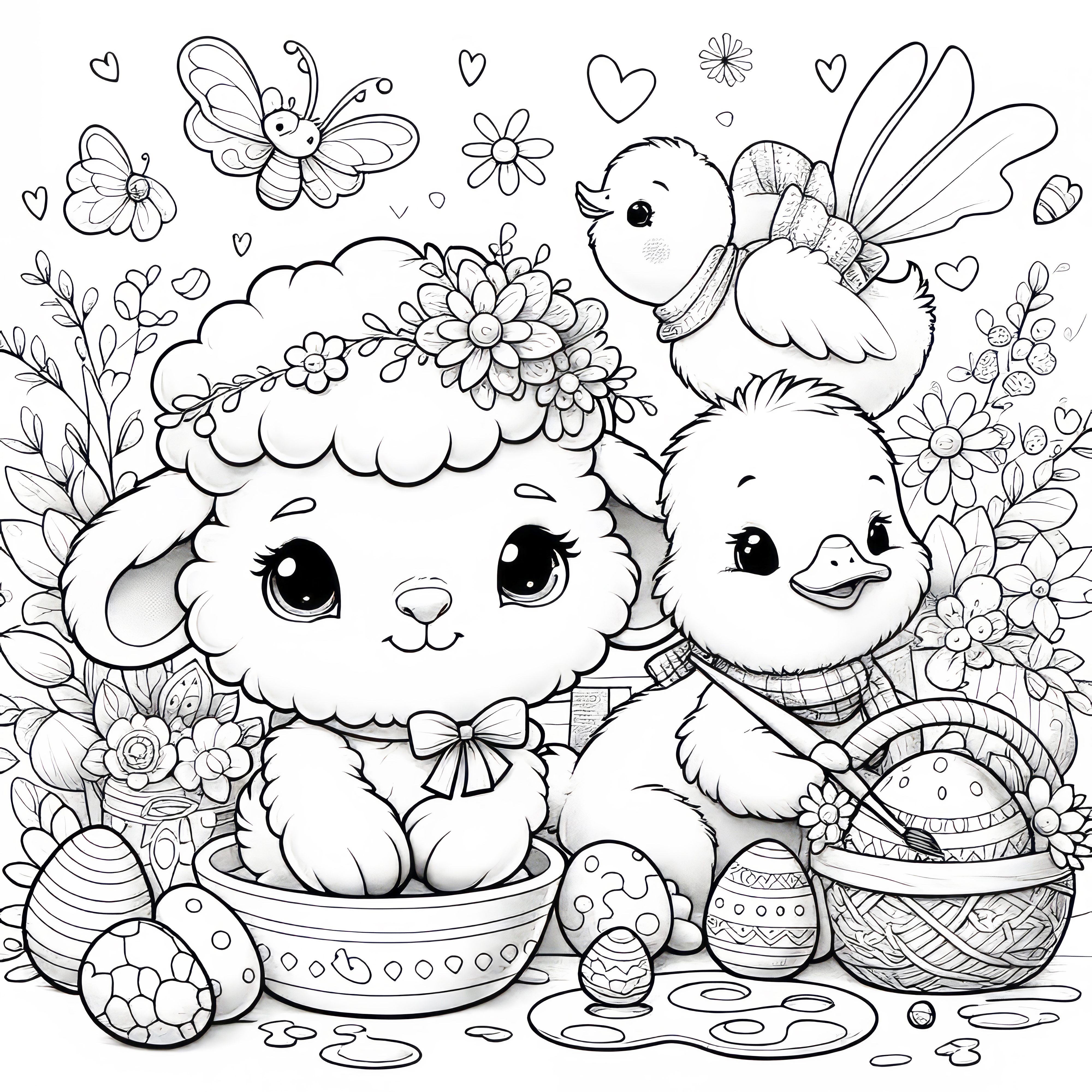 ひよこ、イースターエッグ、羊、蝶が草原にいる：あなたのぬり絵（無料）