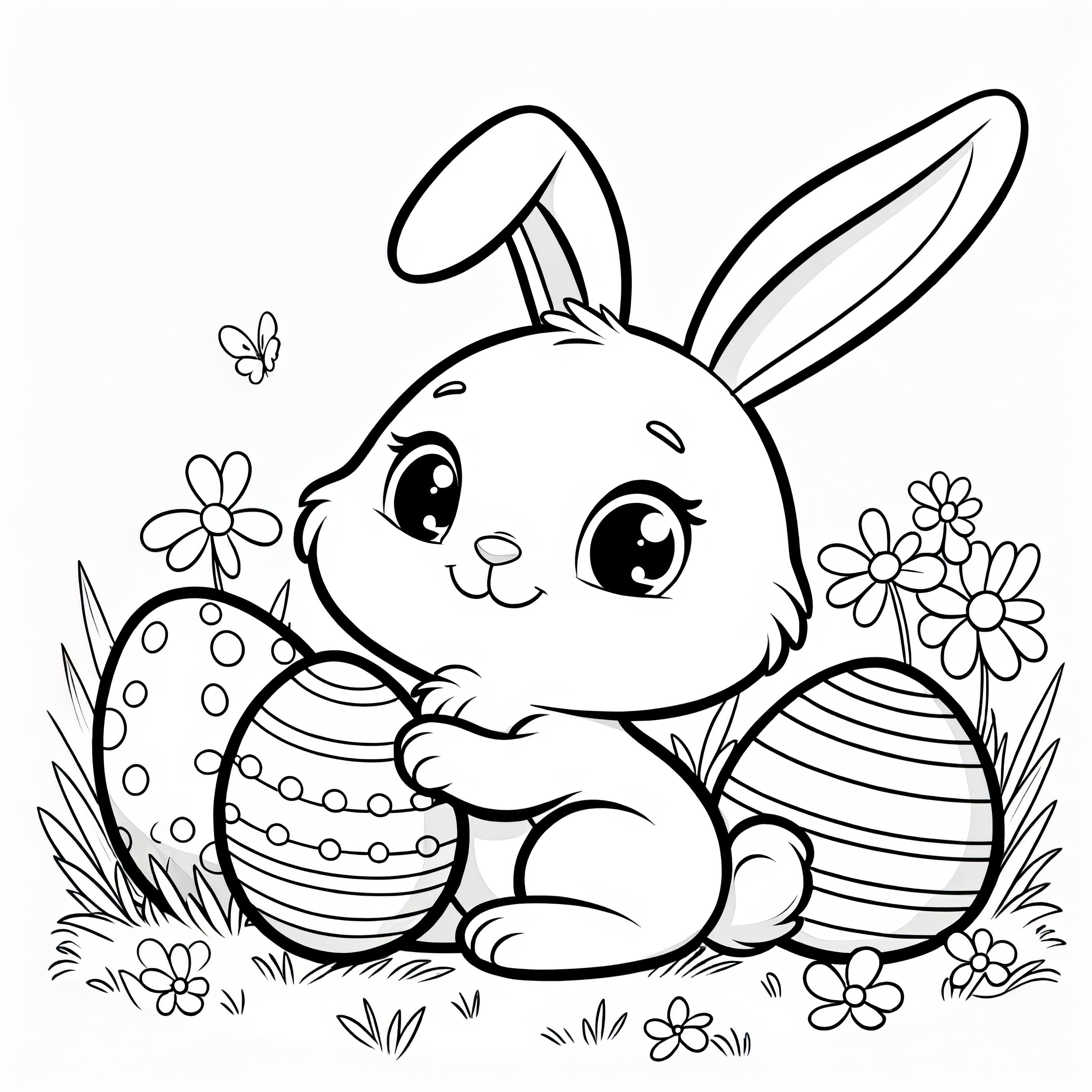 Cute Easter bunny with Easter eggs on a flower meadow: Free coloring page