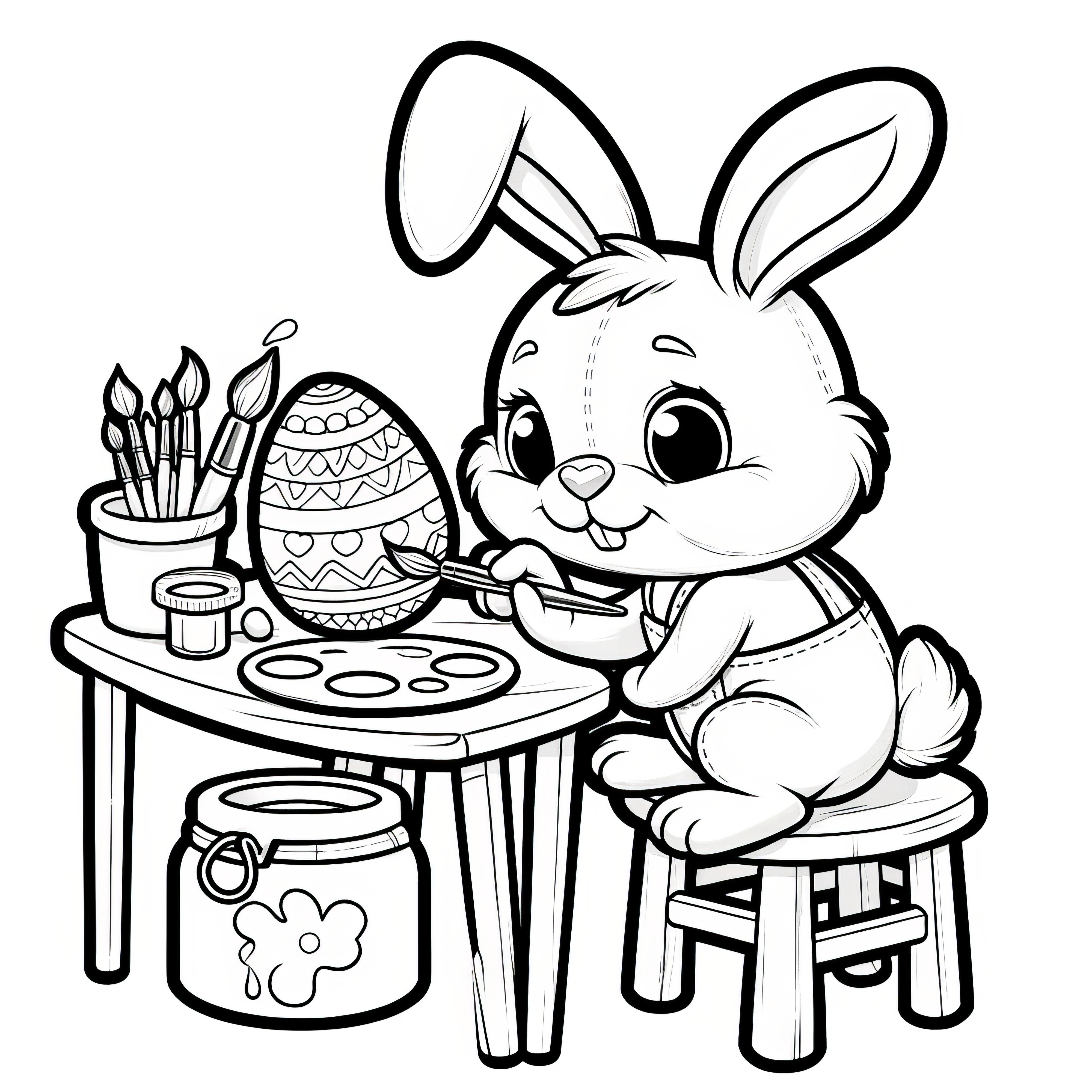 テーブルでイースターエッグを描くイースターバニー：子供向けぬり絵（無料）