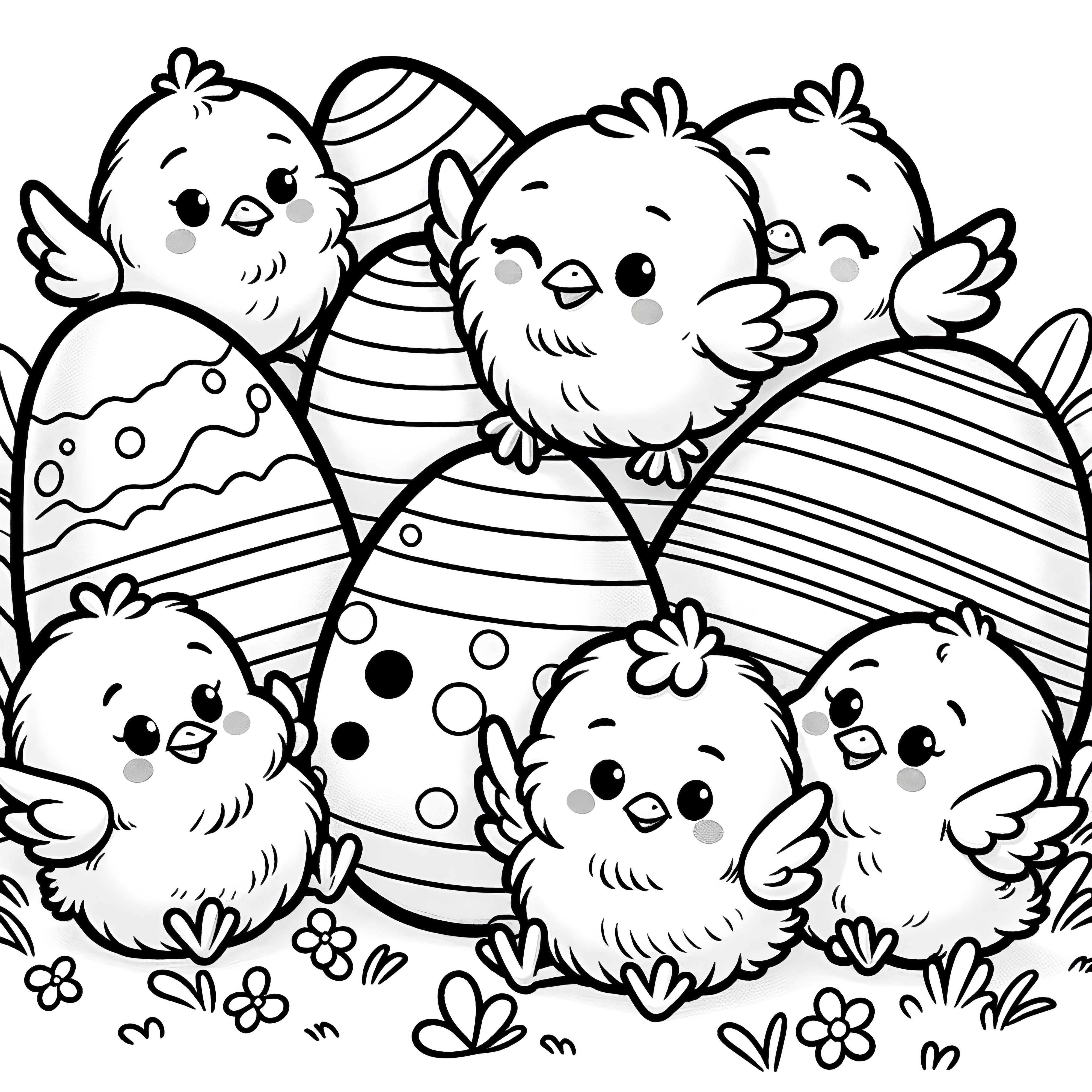 Fluffy chicks among colorful Easter eggs: Free coloring picture