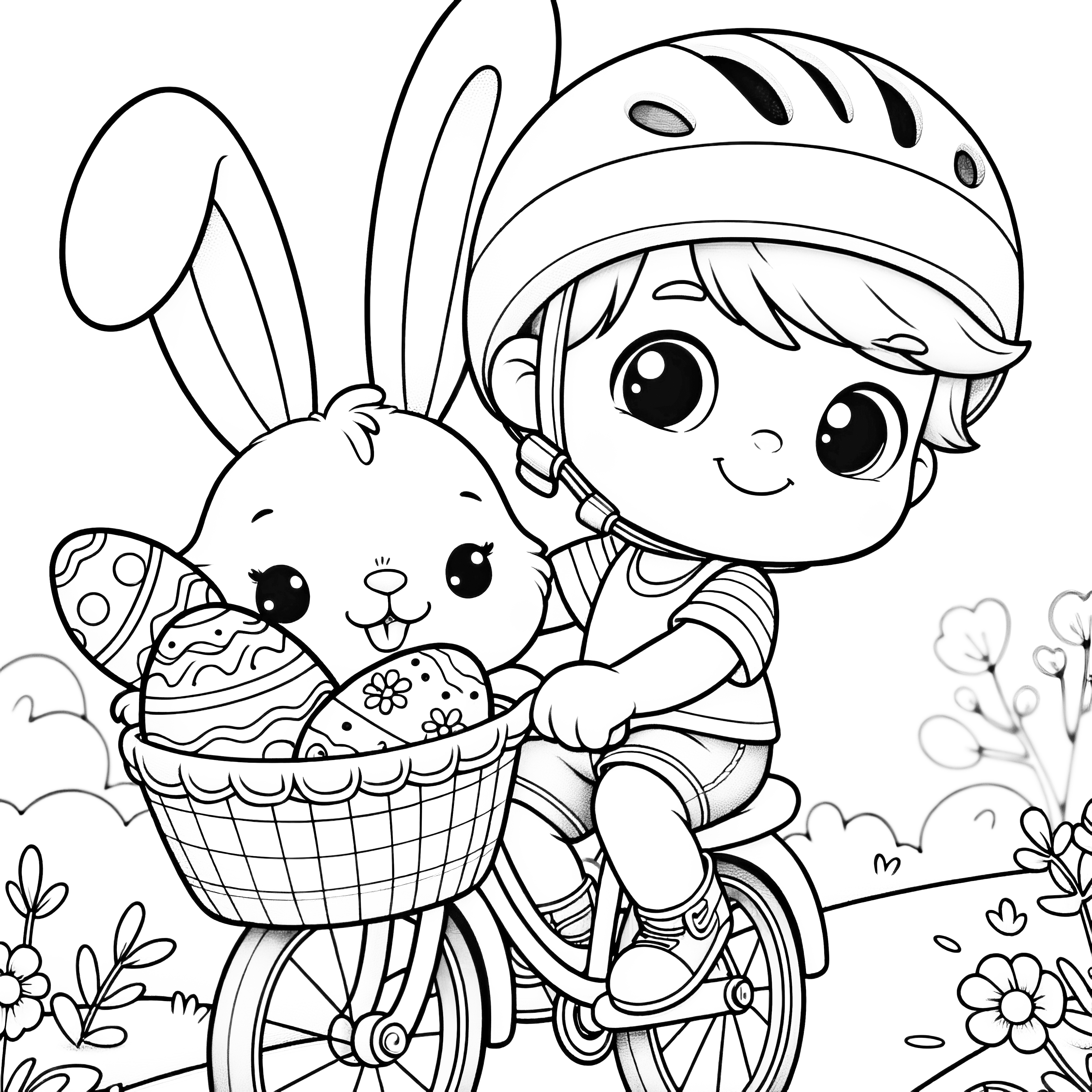自転車とイースターバスケットのイースターバニーを持つ子供：子供のためのぬり絵 (無料)