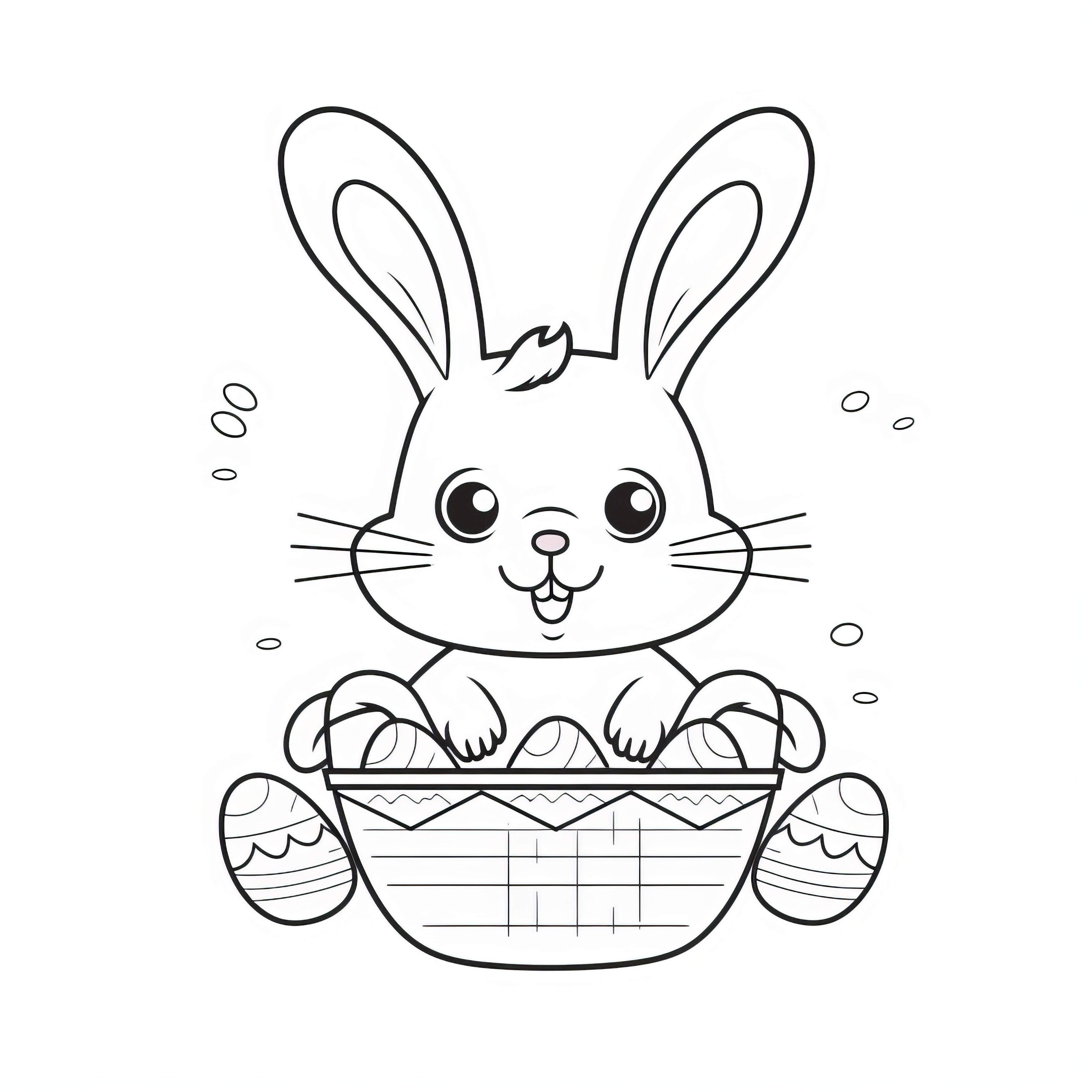 Easter bunny fills Easter basket with Easter eggs: Simple coloring picture to download (Free)