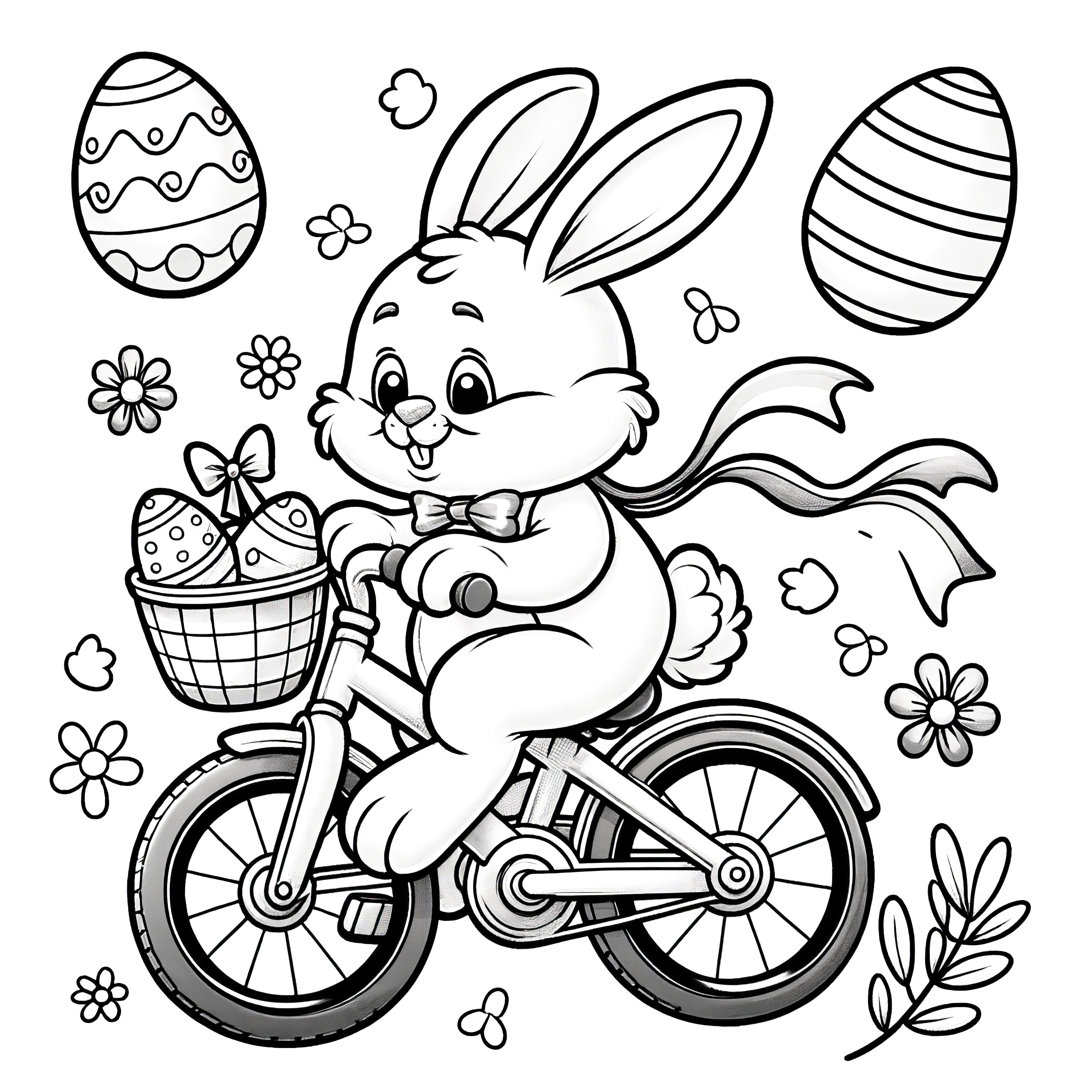 自転車とイースターエッグでいっぱいのイースターバスケットを持ったイースターバニー：ぬりえページ（無料）