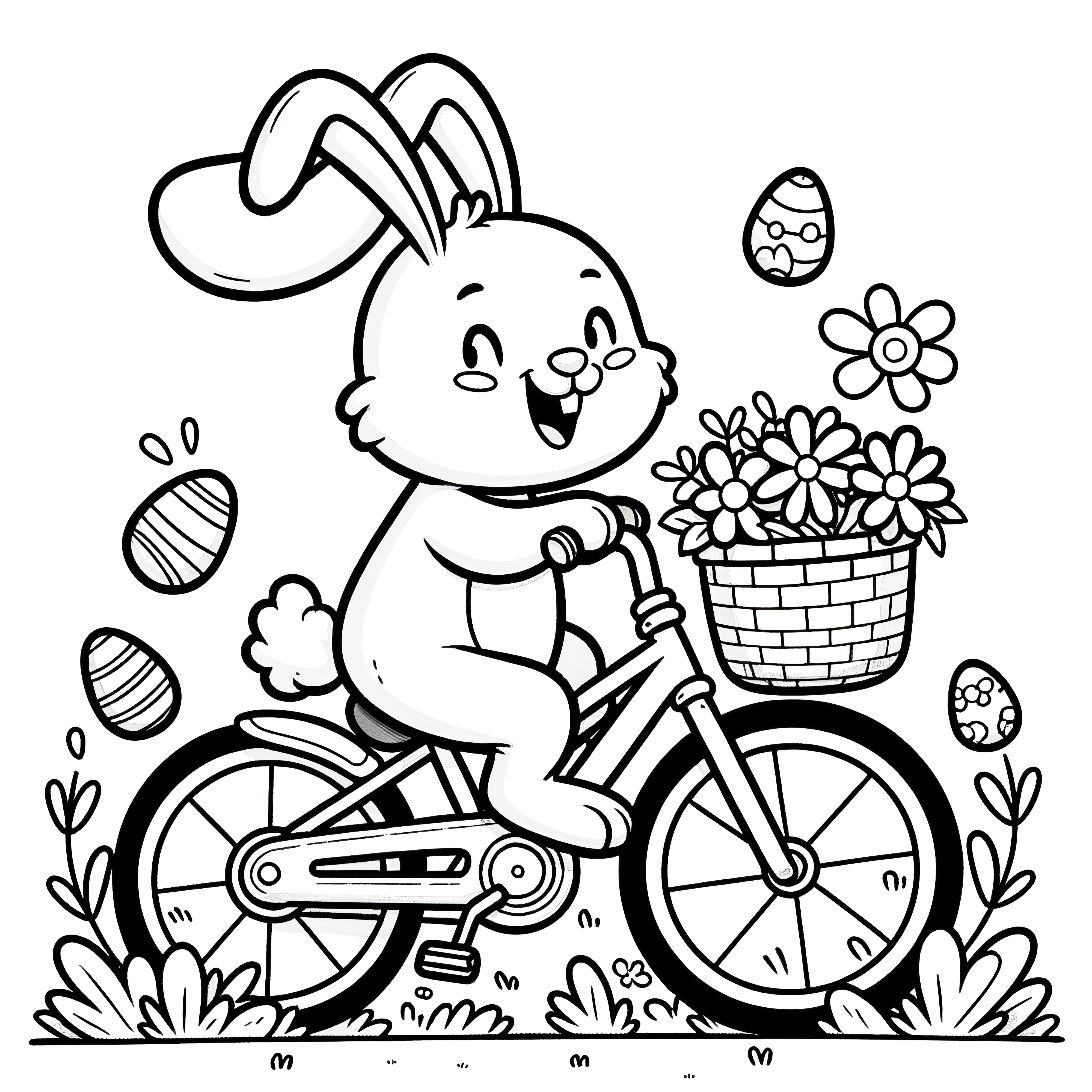イースターバスケットを持って自転車に乗ったハッピーイースターバニー: 無料ぬり絵