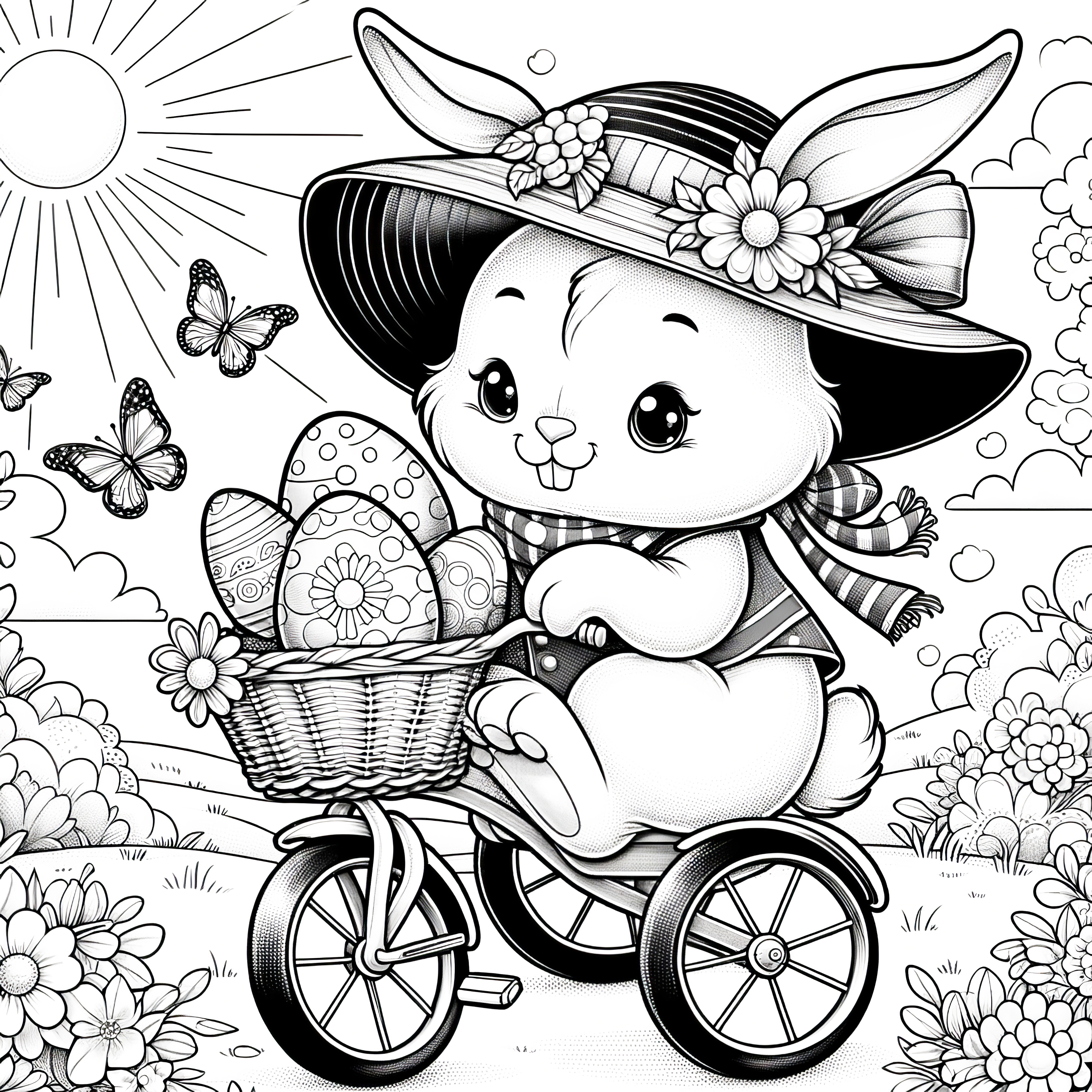 イースターバスケットと自転車に乗ったイースターバニー：美しいぬり絵ダウンロード(無料)