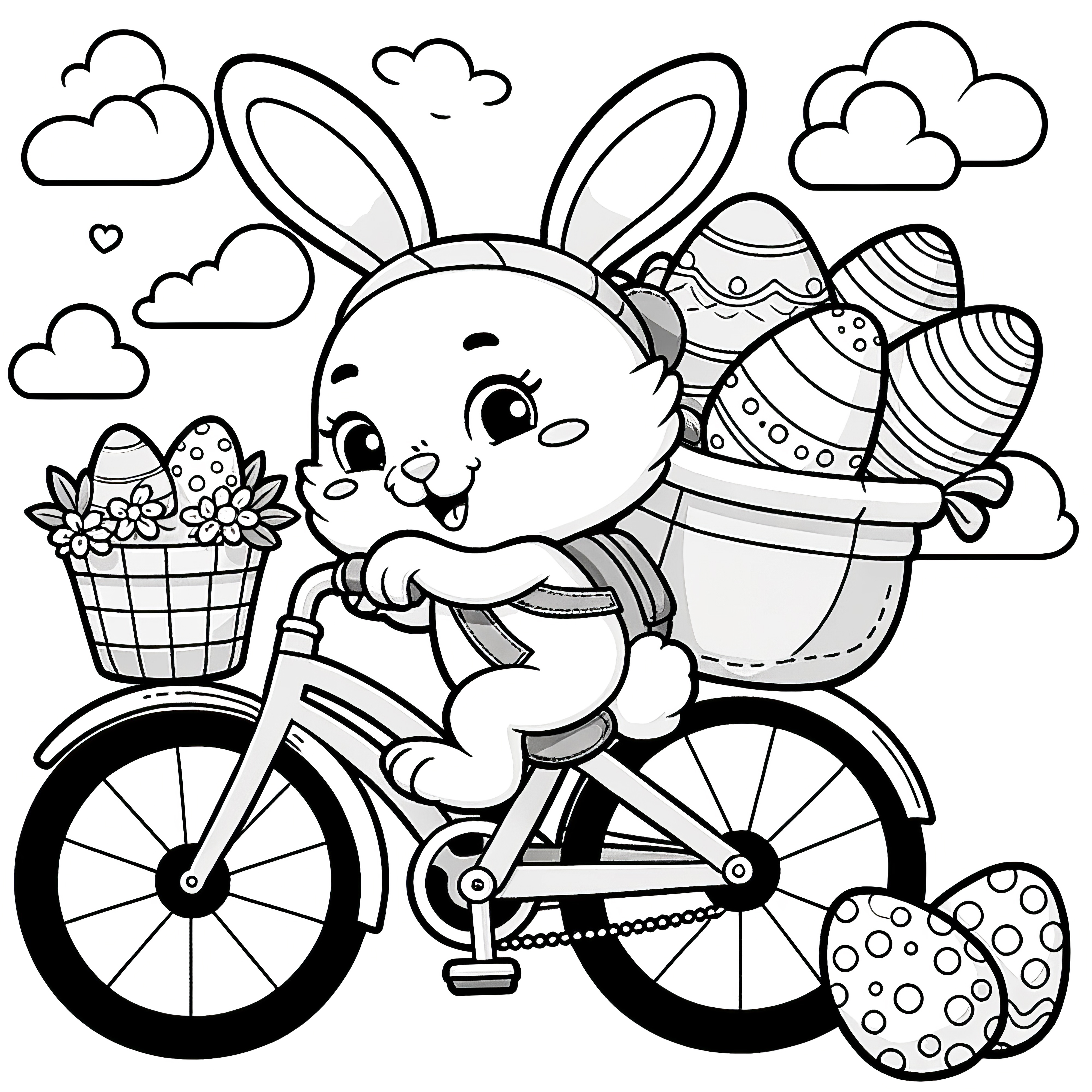 自転車に乗ったイースターバスケットを持ったかわいいイースターバニー: 無料でダウンロードのぬりえ絵