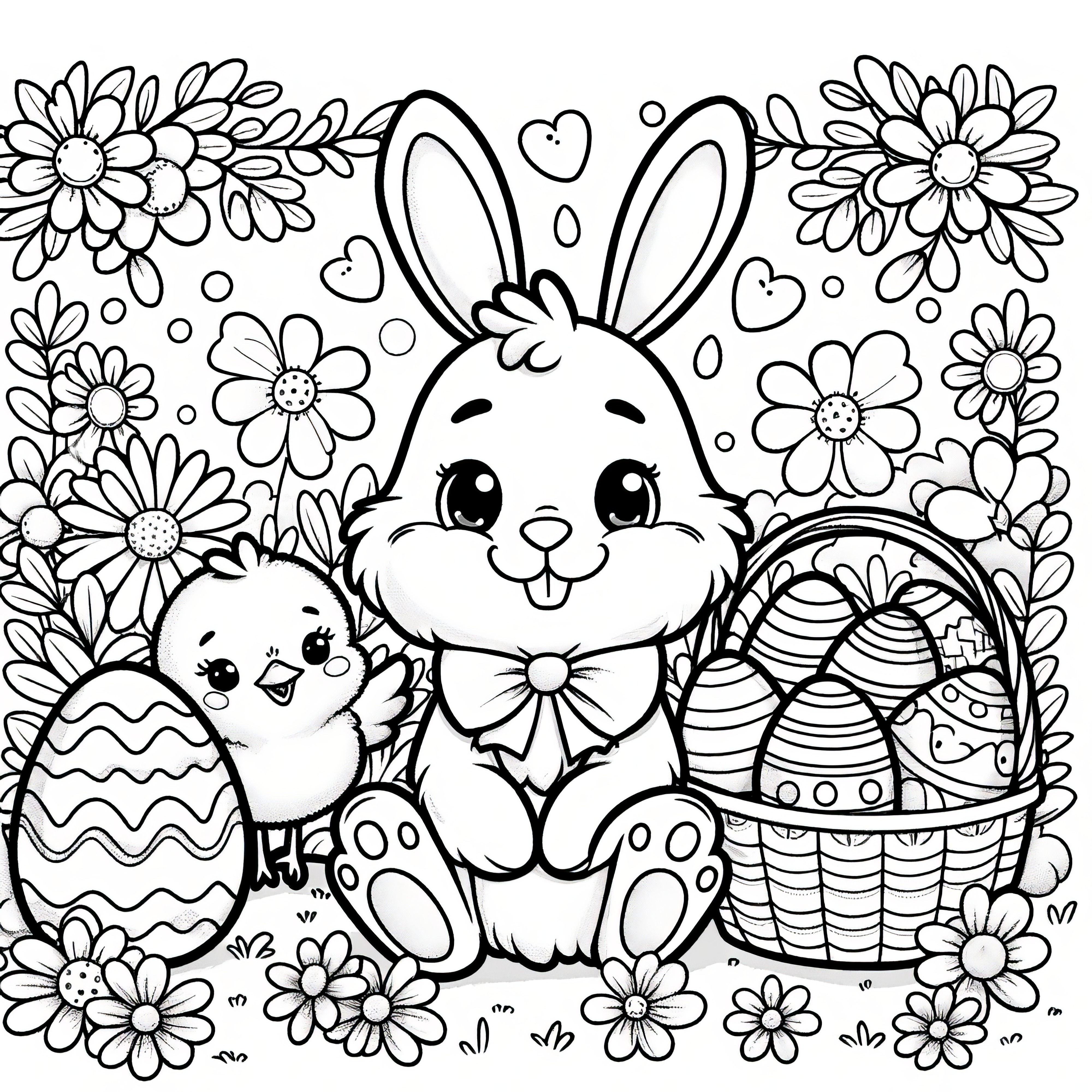 Coș de Paște cu iepure, pui, ouă de Paște și multe flori: Desen de colorat (Gratuit)