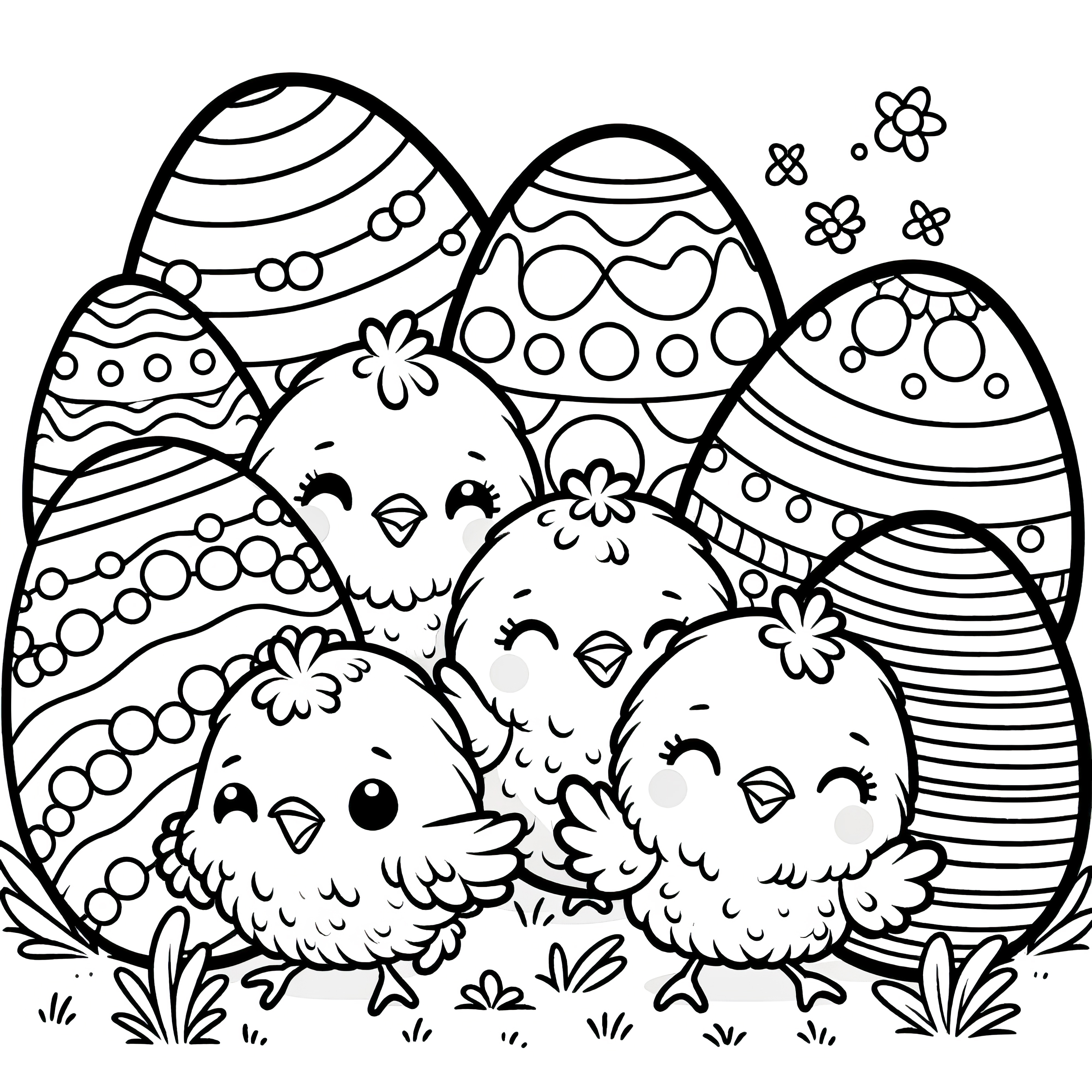 Cheerful Easter chicks and lots of Easter eggs: Download free coloring page